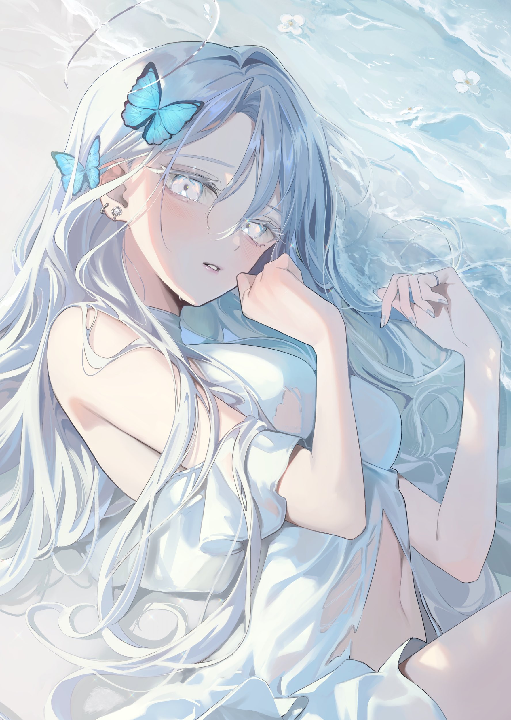 Anime 1775x2500 anime girls portrait display top view white clothing butterfly hair ornament Blue Butterflies water long hair white hair waves white eyes blushing big boobs wet clothing looking up flowers looking at viewer lying on side white dress beach women on beach Magako women outdoors pierced ear fingernails torn clothes jewelry