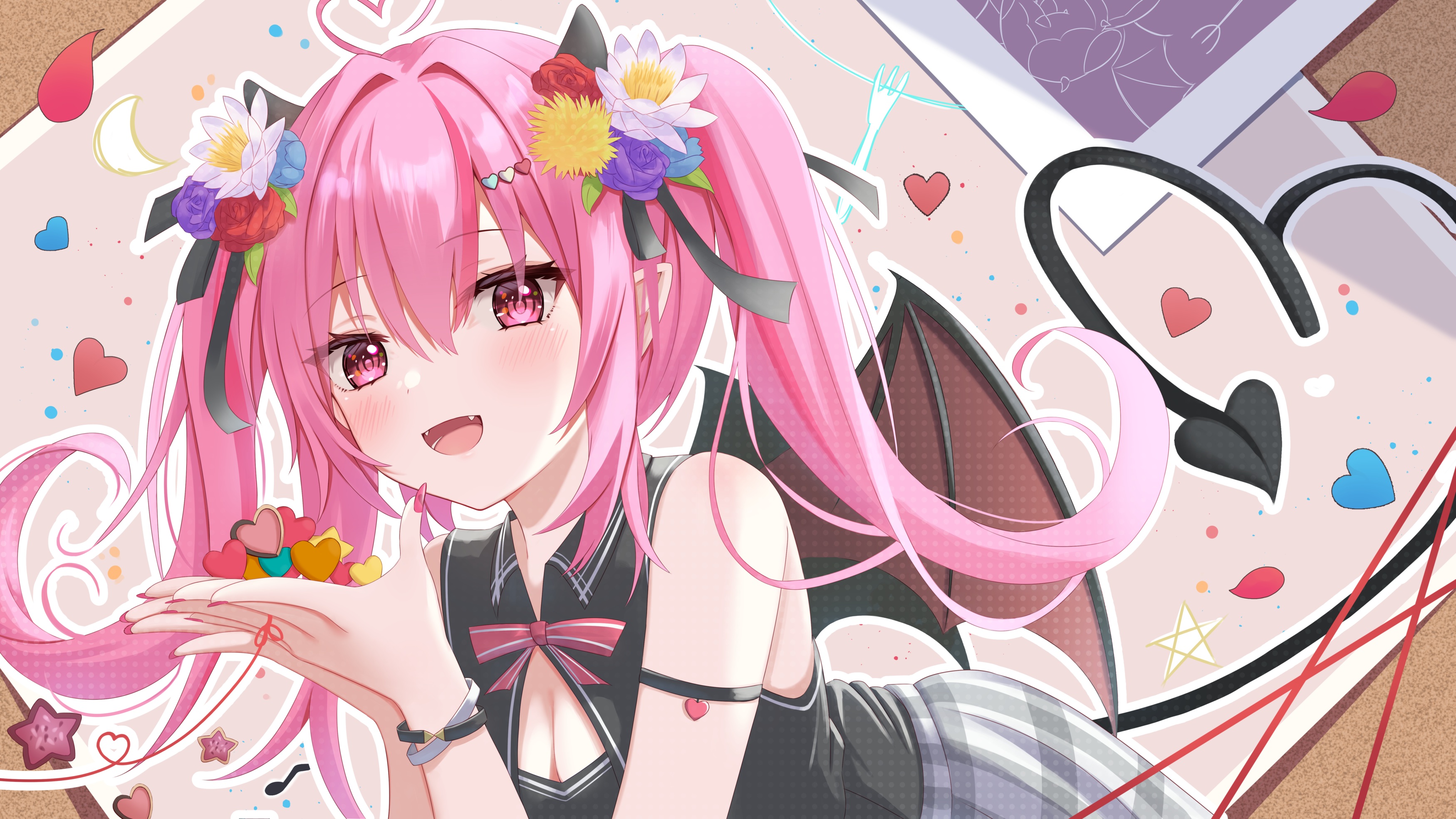 Anime 3500x1969 anime anime girls twintails long hair cleavage demon girls demon tail open mouth pink hair pink eyes looking at viewer bow tie fork heart stars wings demon horns petals blushing