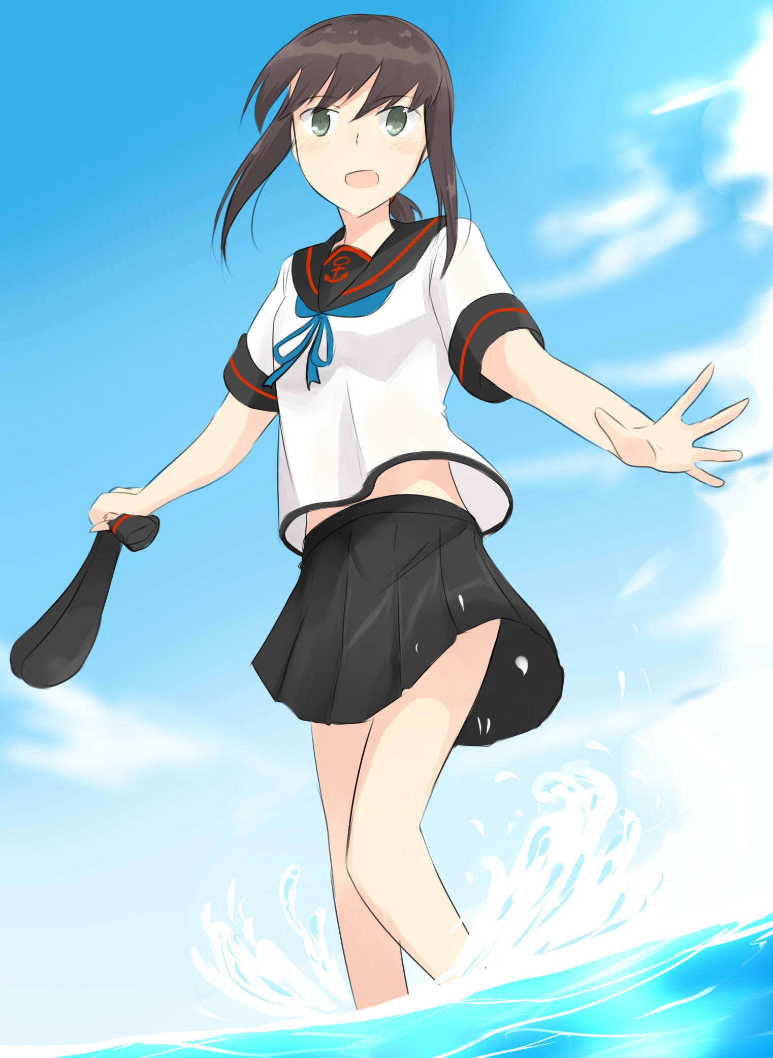 Anime 1522x2082 anime anime girls schoolgirl school uniform solo ponytail brunette Fubuki (KanColle) Kantai Collection artwork digital art fan art portrait display clouds sky looking at viewer standing in water water