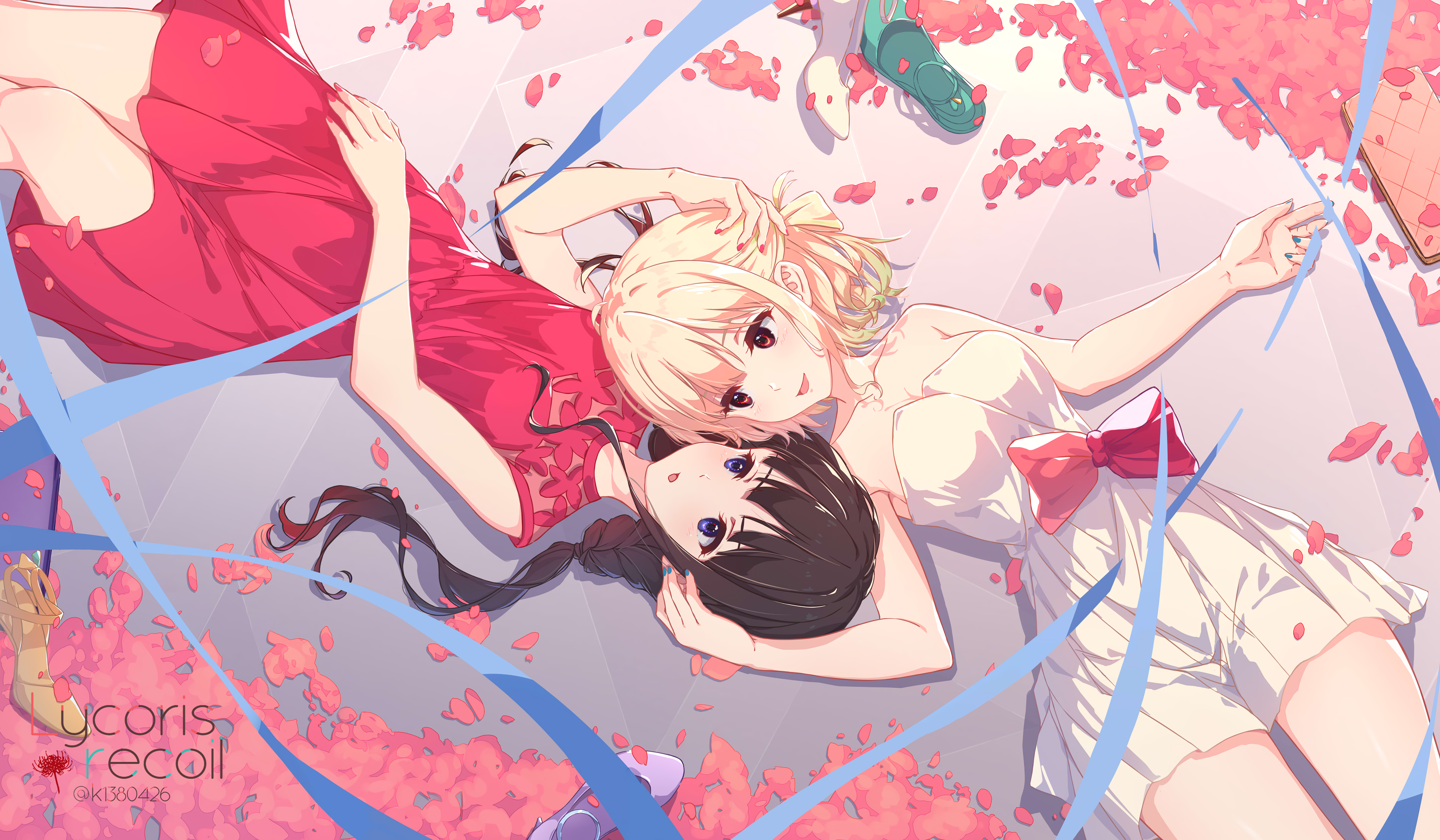 Anime 2894x1689 anime anime girls Lycoris Recoil dress Inoue Takina Nishikigi Chisato petals lying down lying on back heels bow tie watermarked braids blushing