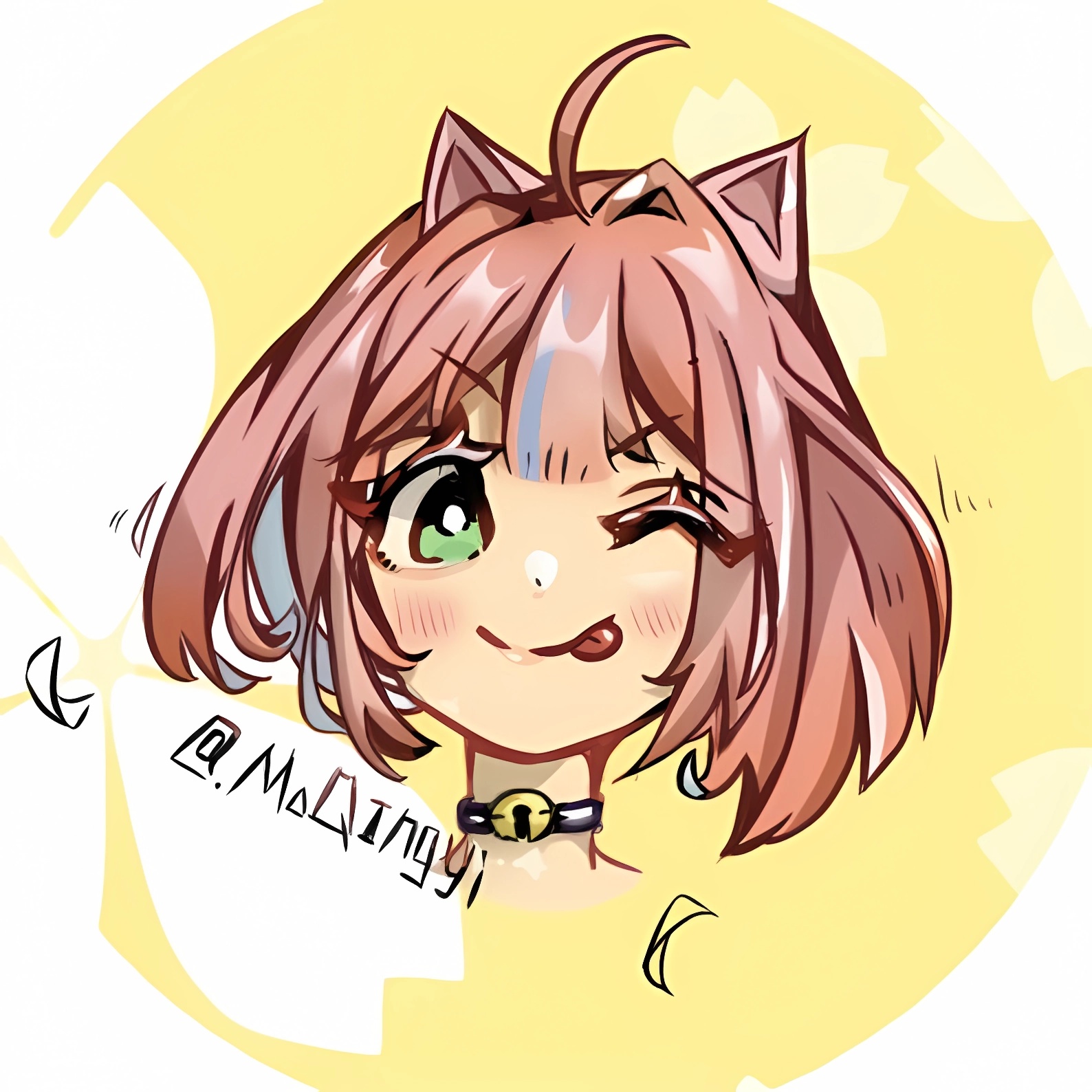 Anime 1588x1588 MoQingYi（artist） cat girl pink hair tongue out wink simple background anime girls smiling looking at viewer short hair one eye closed minimalism watermarked collar bells blushing cat ears