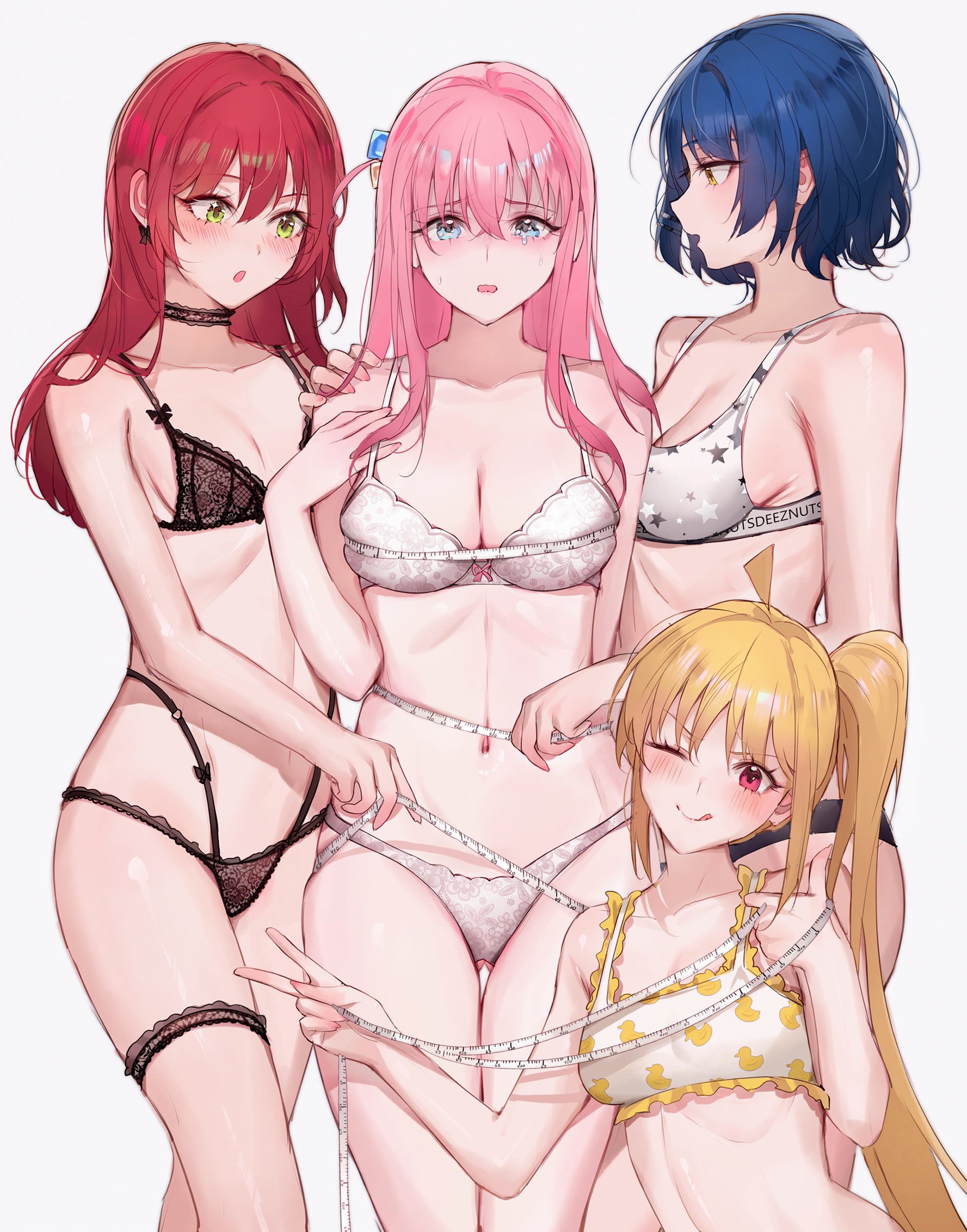 Anime 1884x2400 BOCCHI THE ROCK! bra anime girls portrait display women quartet lingerie group of women blushing Gotou Hitori Nijika Ijichi Kita Ikuyo Ryo Yamada looking at viewer tears boobs hair ornament big boobs underwear panties peace sign open mouth thumbs up Qiandaiyiyu long hair ponytail hand gesture one eye closed wink tongue out cleavage simple background shy white background belly minimalism short hair measuring tape thighs thigh strap standing
