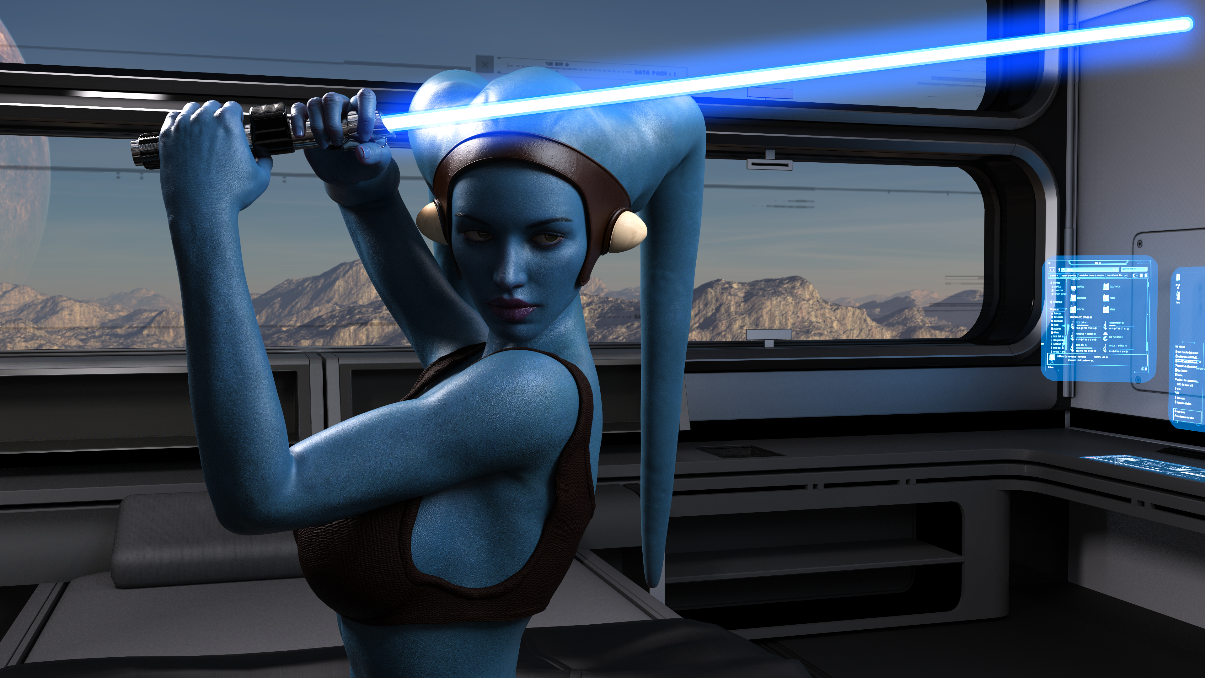 General 3840x2160 women Aayla Secura (Star Wars) blue skin Star Wars lightsaber digital art DrinkerofSkies CGI mountains sideboob