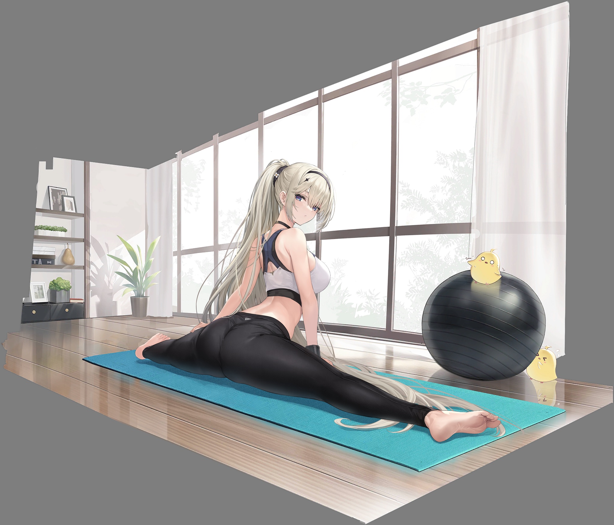 Anime 2048x1750 Azur Lane yoga pants anime girls portrait display Painlevé (Azur Lane) plants Manjuu (Azur Lane) ass looking back blue eyes white hair long hair women indoors feet simple background toes gray background ponytail looking at viewer window white tops sports bra gym clothes sportswear expressionless curtains splits floor flexible exercise ball choker hairband shelves huge breasts