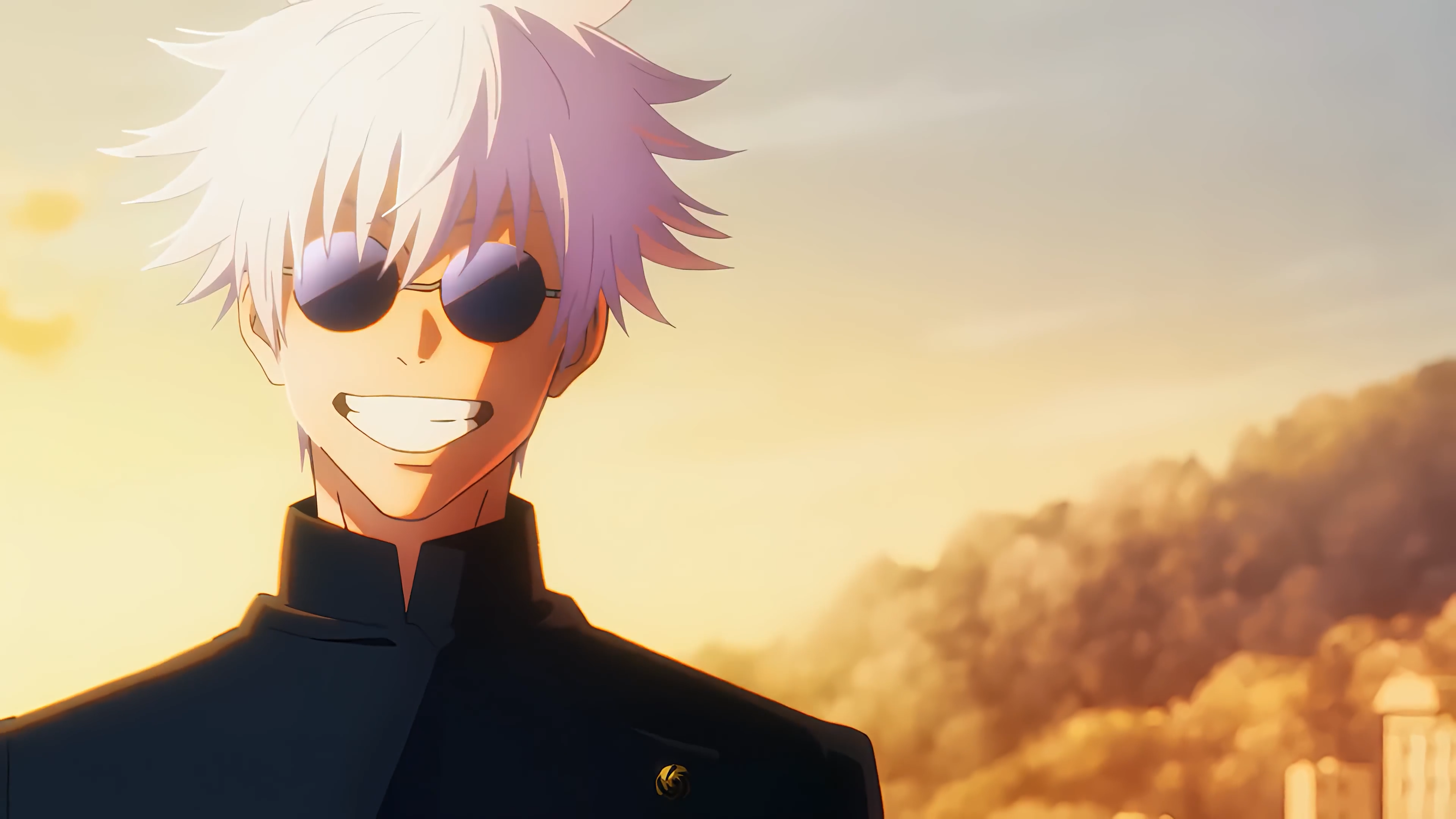 Anime 3840x2160 Jujutsu Kaisen Satoru Gojo anime Anime screenshot anime boys sunglasses sunset sunset glow smiling sky clouds