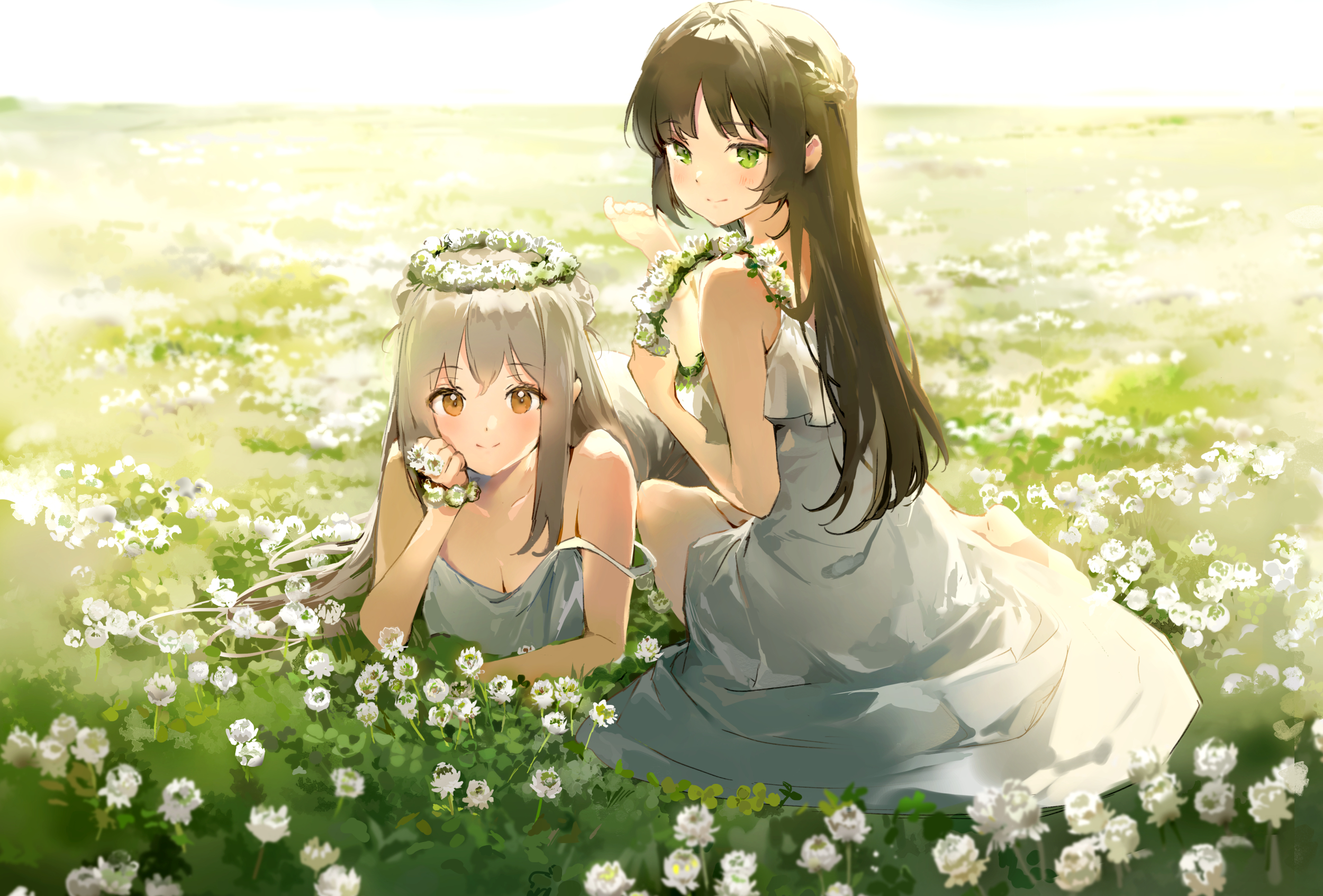 Anime 2500x1693 anime anime girls Pixiv flower crown field white dress looking at viewer Anmi flowers smiling dress squatting blushing long hair sunlight