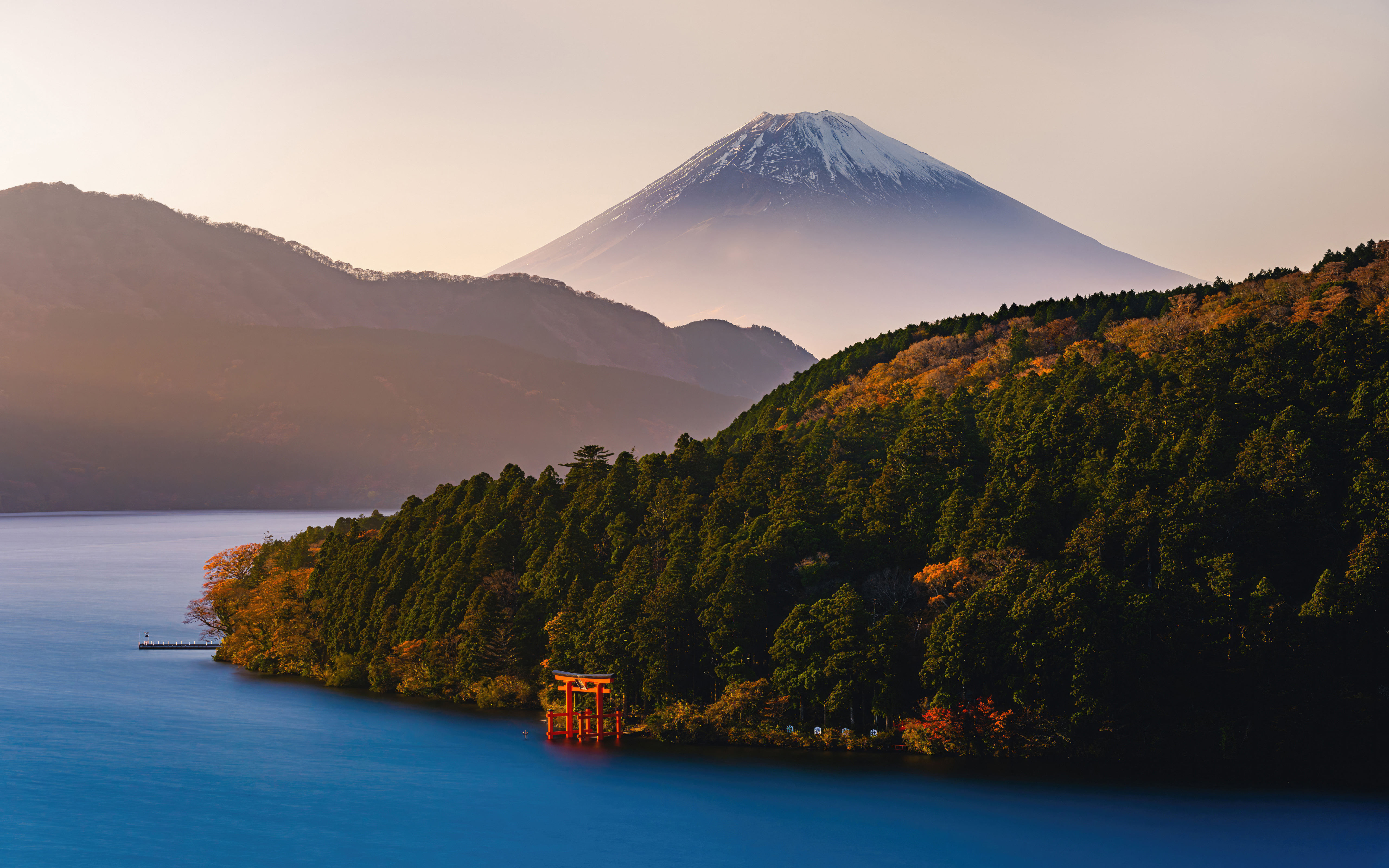 General 5120x3200 landscape nature Japan Mount Fuji river torii mountains trees photography forest water snow