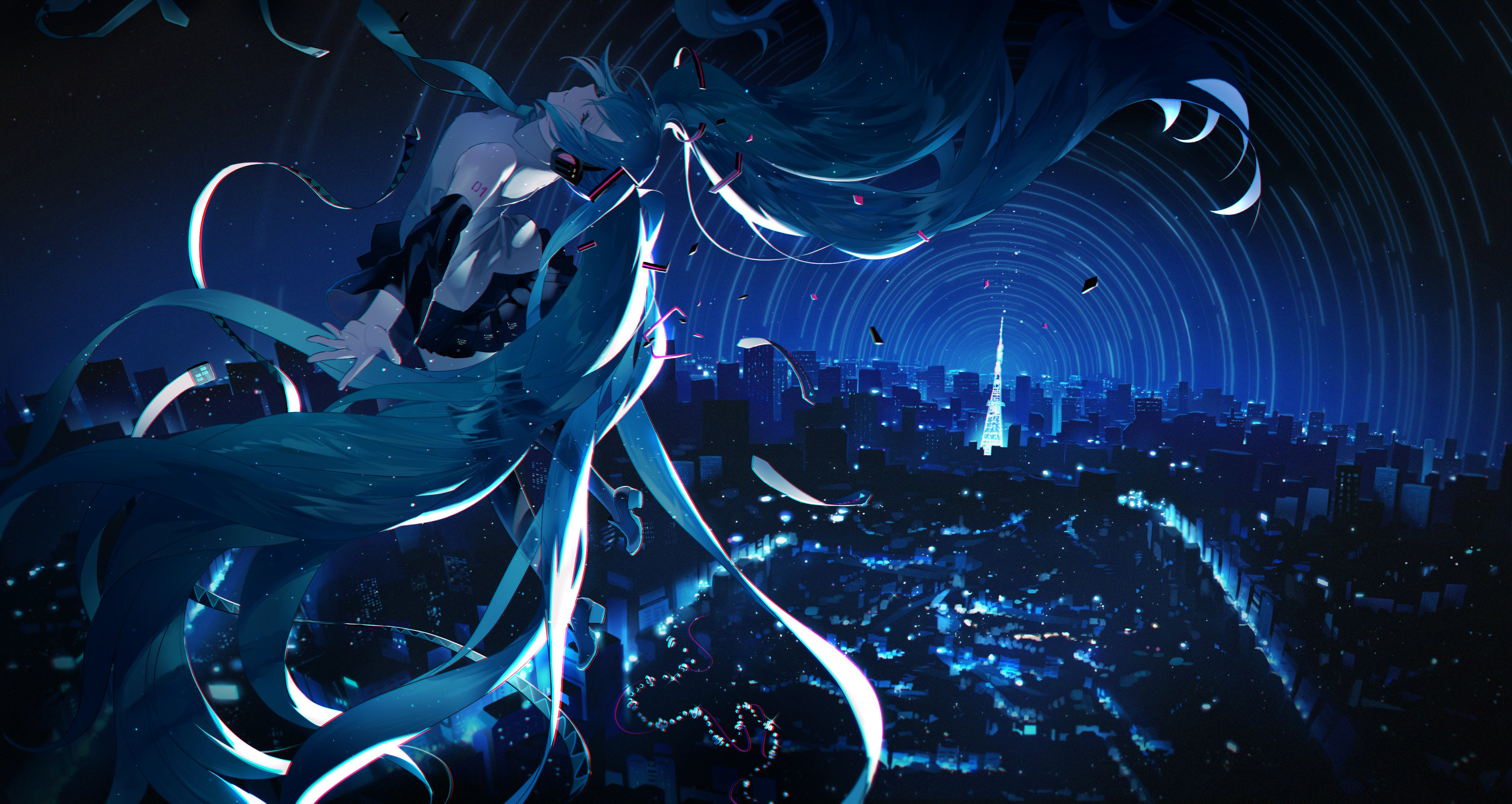 Anime 4096x2179 anime anime girls Vocaloid Hatsune Miku blue hair closed eyes twintails long hair city city lights