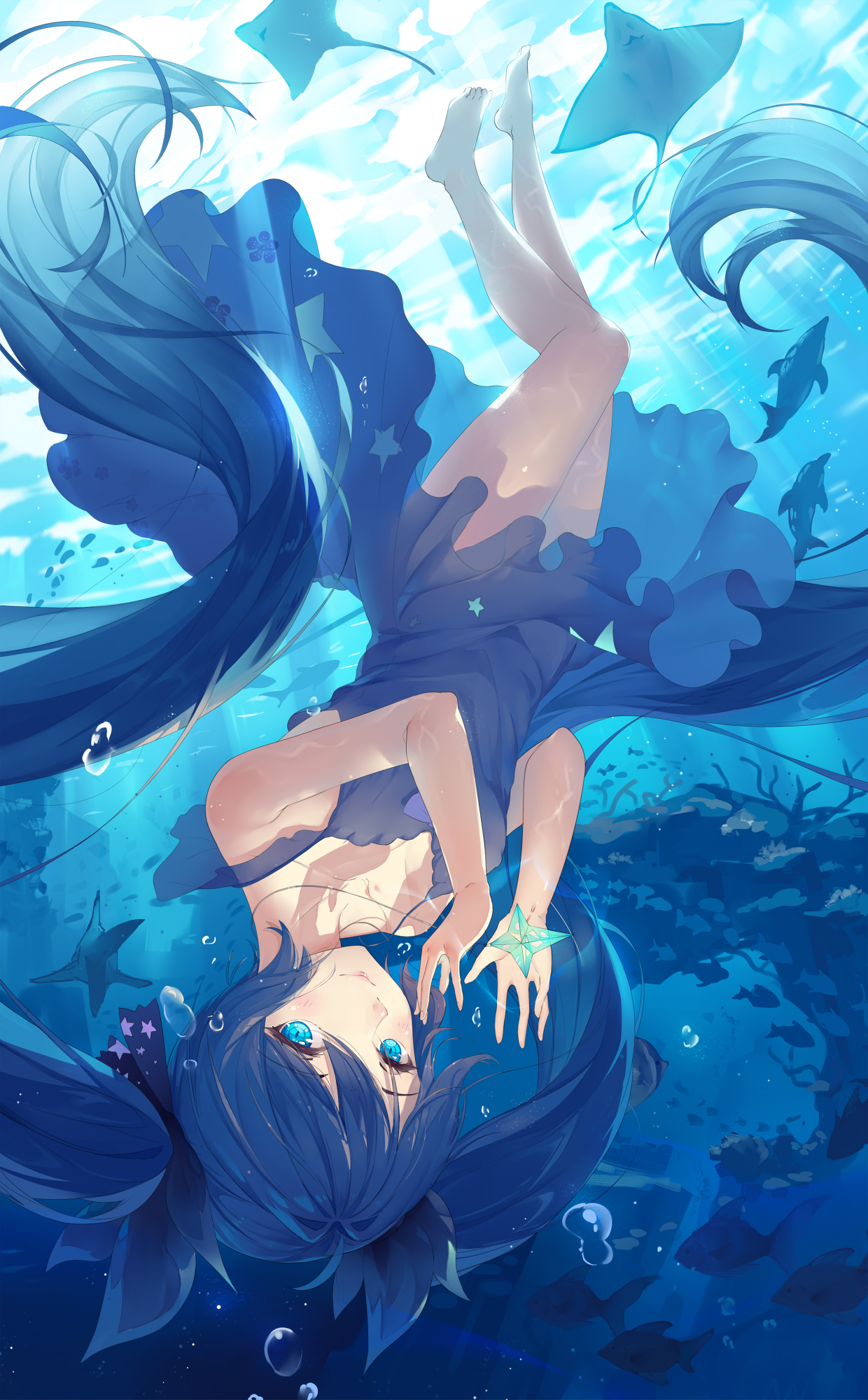 Anime 1240x2000 Pixiv anime anime girls portrait display blue hair blue eyes Hatsune Miku Vocaloid underwater water in water dress twintails long hair bubbles smiling sunlight fish animals