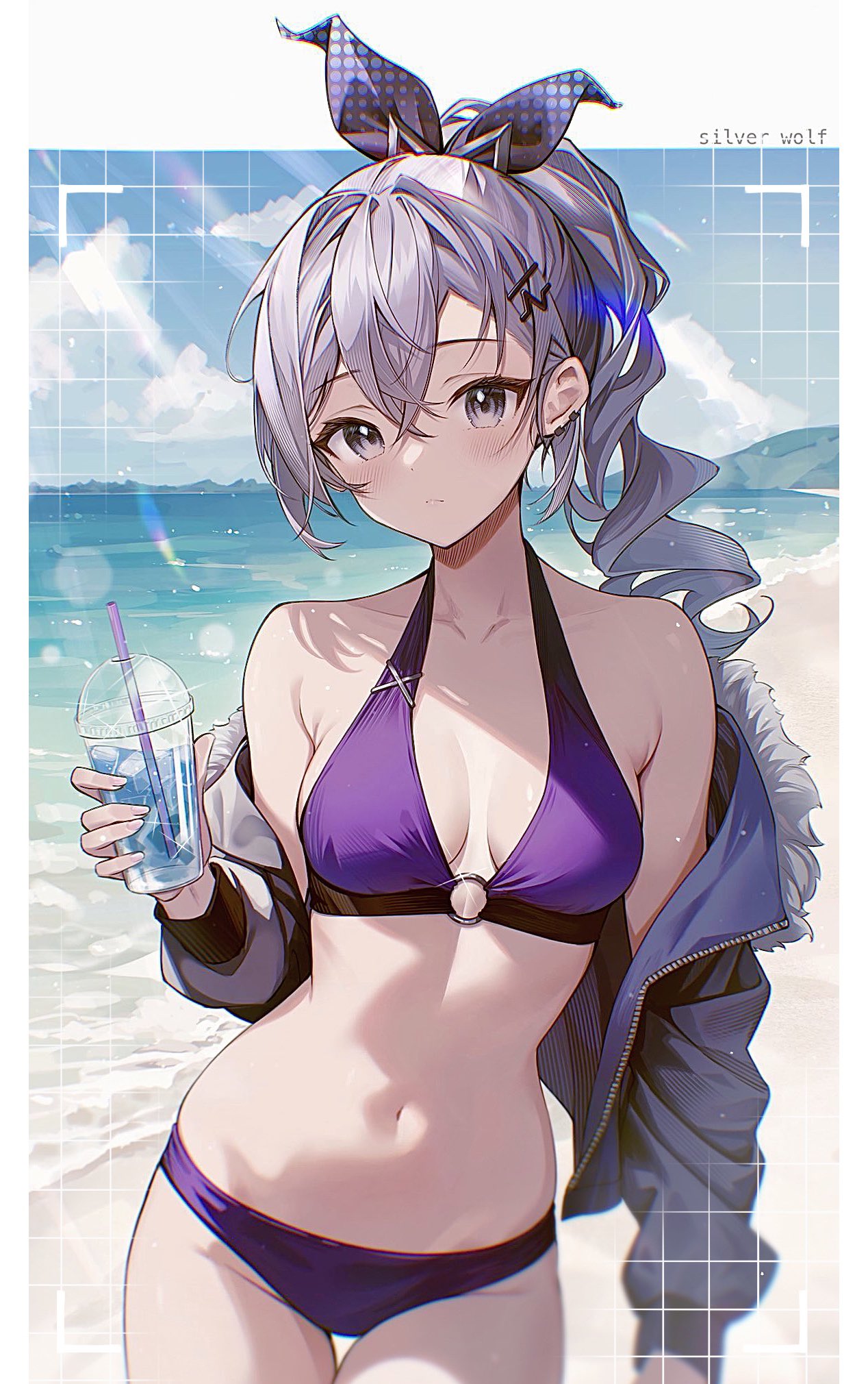 Anime 1268x2020 Honkai: Star Rail bikini anime girls portrait display Silver Wolf (Honkai: Star Rail) purple bikini cleavage looking at viewer drink beach bare shoulders open jacket belly button gray eyes long sleeves gray hair open clothes hair ornament jacket hair ribbon sunlight Hisoybean long hair alternate costume sky horizon expressionless women on beach belly women outdoors ponytail ribbon clouds cup