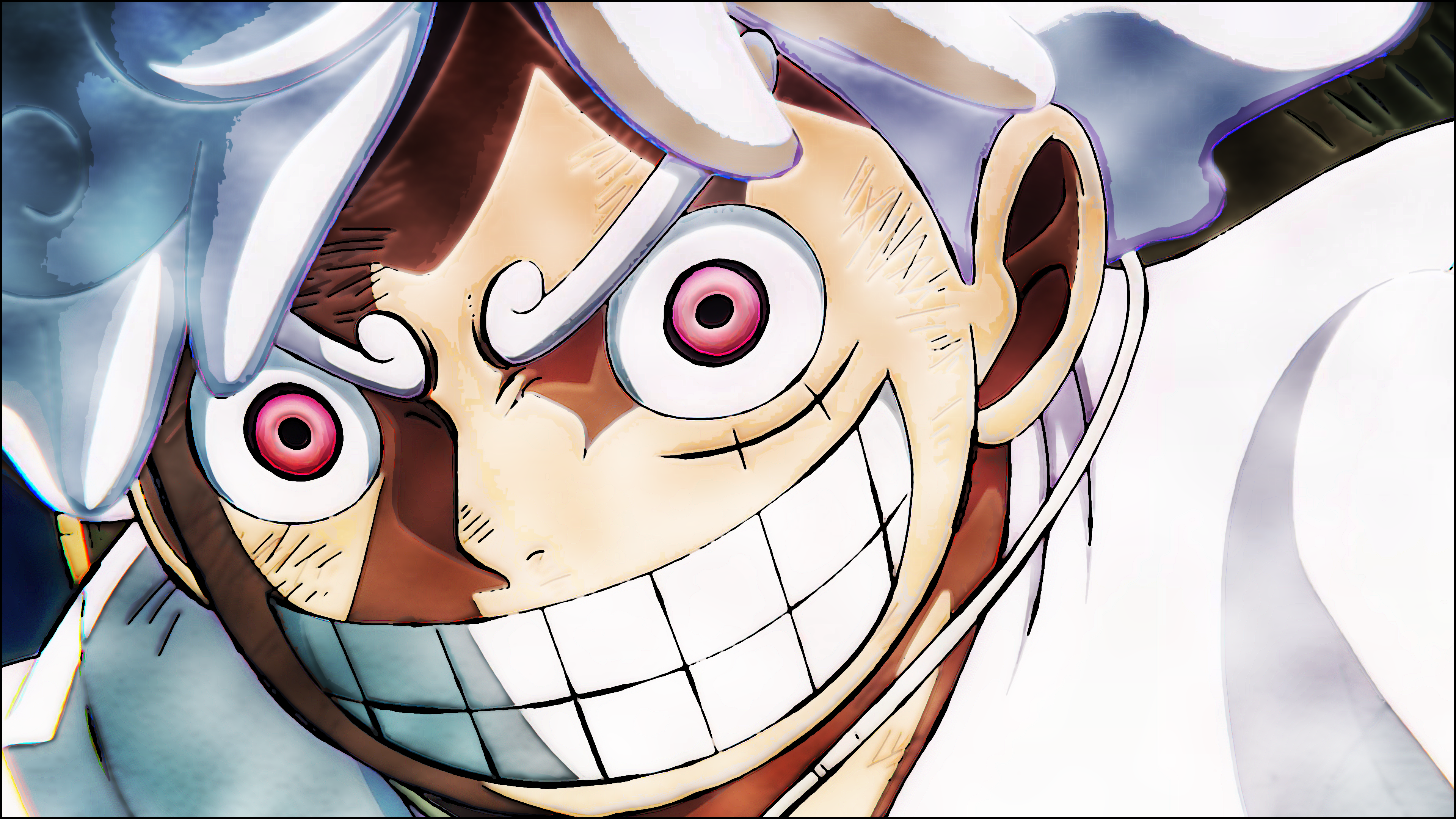 Anime 3840x2160 Monkey D. Luffy One Piece Gear 5th anime boys smiling teeth white hair sun god nika looking at viewer face