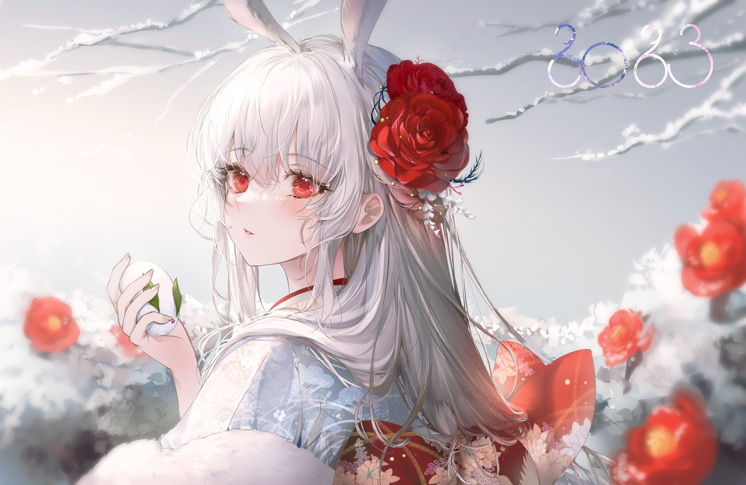 Anime 1505x978 anime anime girls Pixiv looking at viewer flower in hair long hair bunny suit bunny ears flowers red eyes white hair blushing branch snow kimono digital art