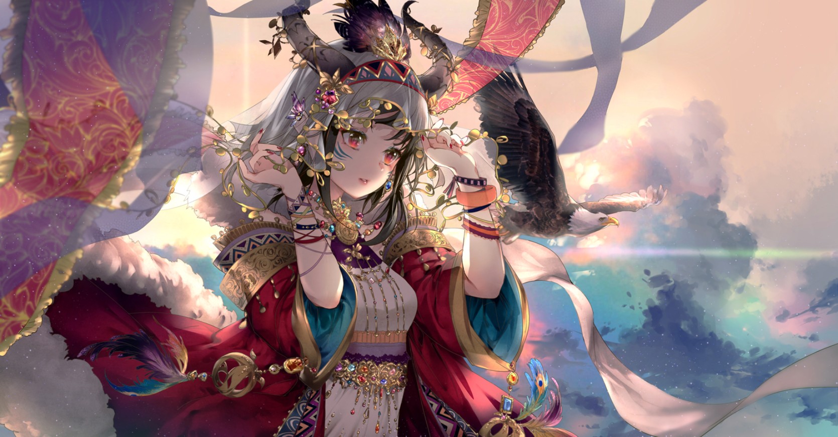 Anime 1670x871 Pixiv anime anime girls red eyes bracelets black hair sunlight clouds birds animals looking away jewelry bald eagle horns