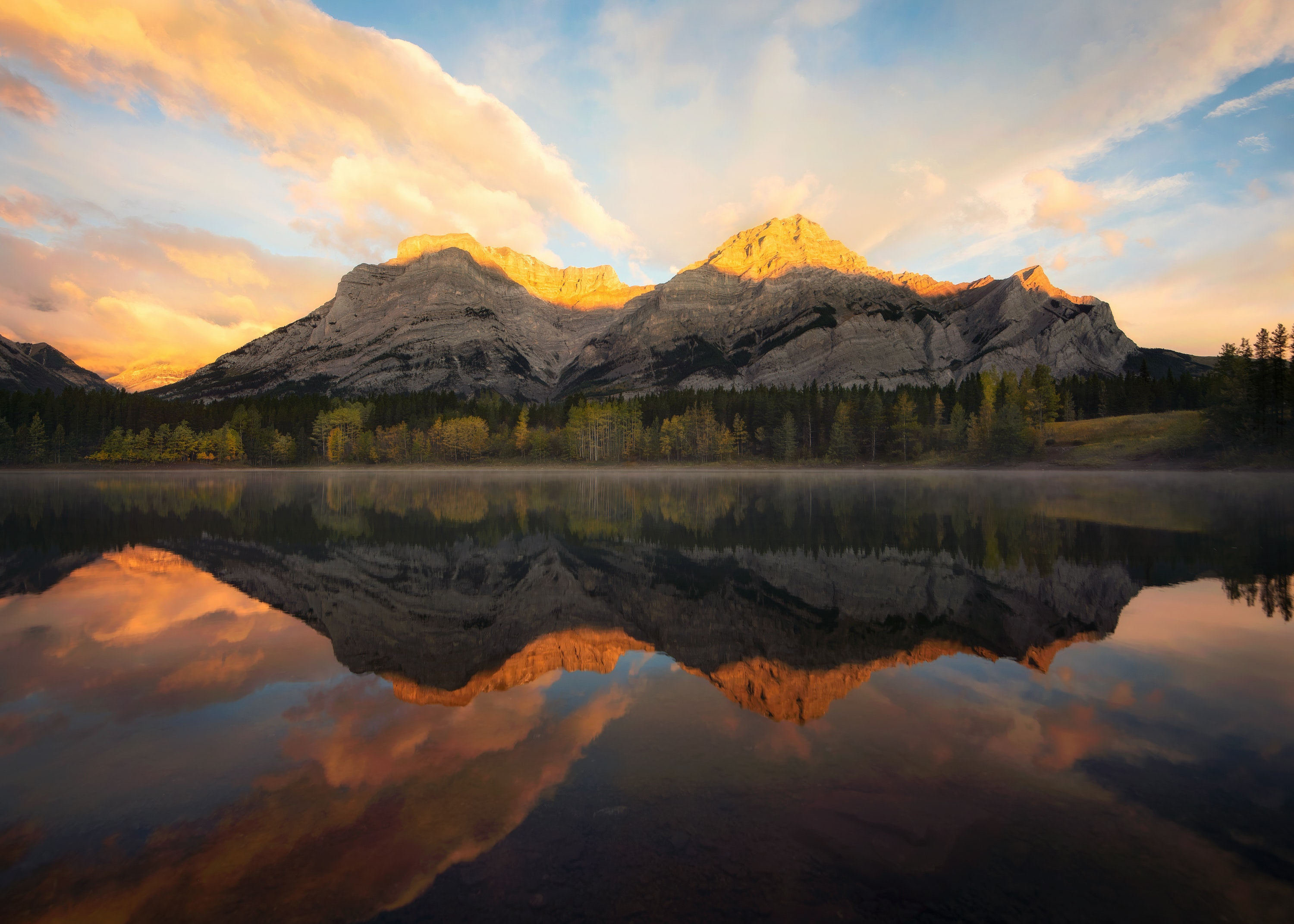 General 3000x2143 photography landscape nature mountains forest trees clouds water lake reflection sunlight sunset sunset glow sky Canada Alberta