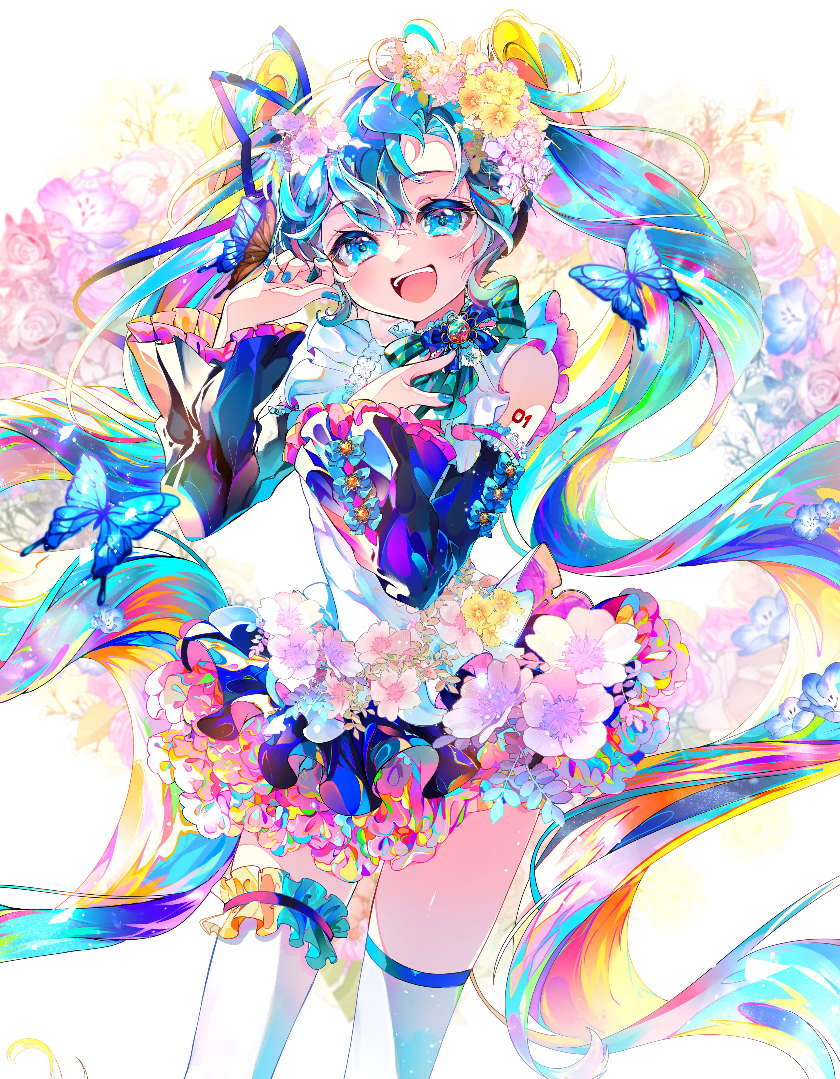 Anime 2894x3717 anime anime girls Pixiv Hatsune Miku Vocaloid portrait display twintails long hair blue eyes blue hair flowers open mouth looking at viewer stockings flower in hair
