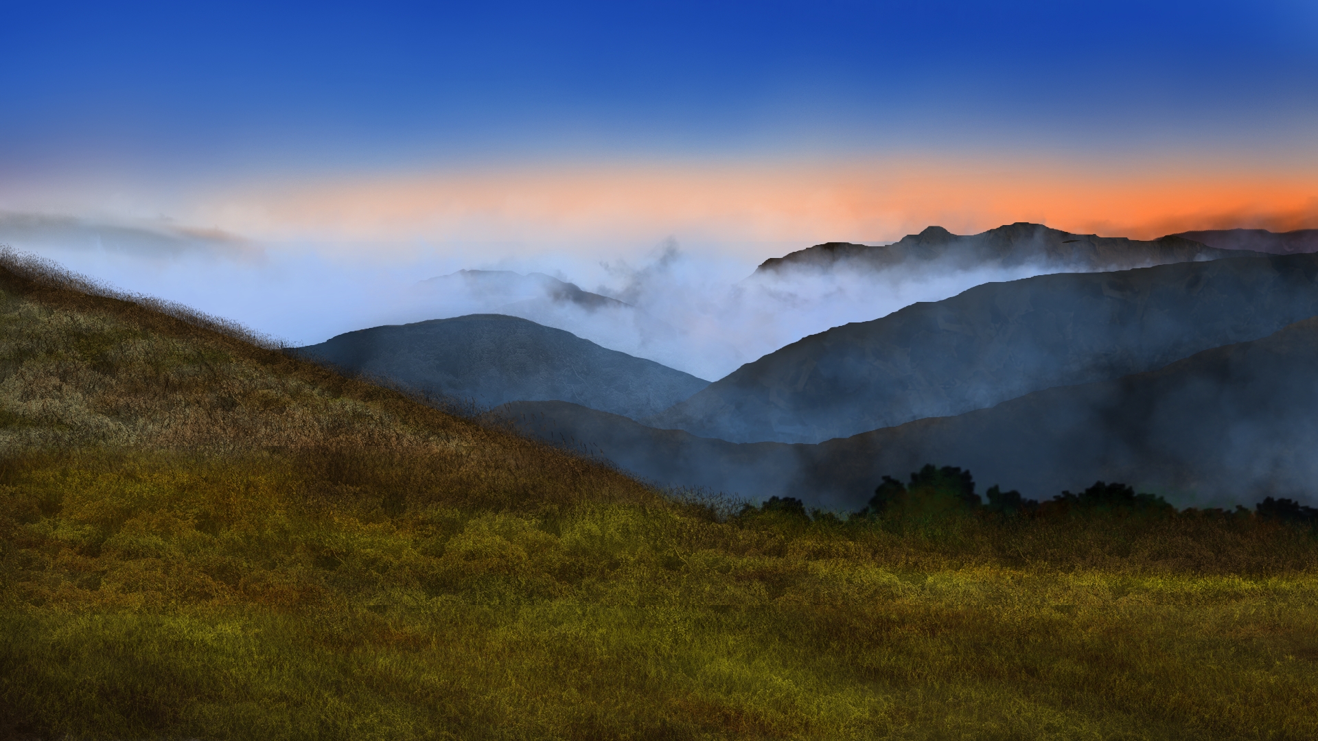 General 1920x1080 digital painting digital art nature landscape mist grass mountains