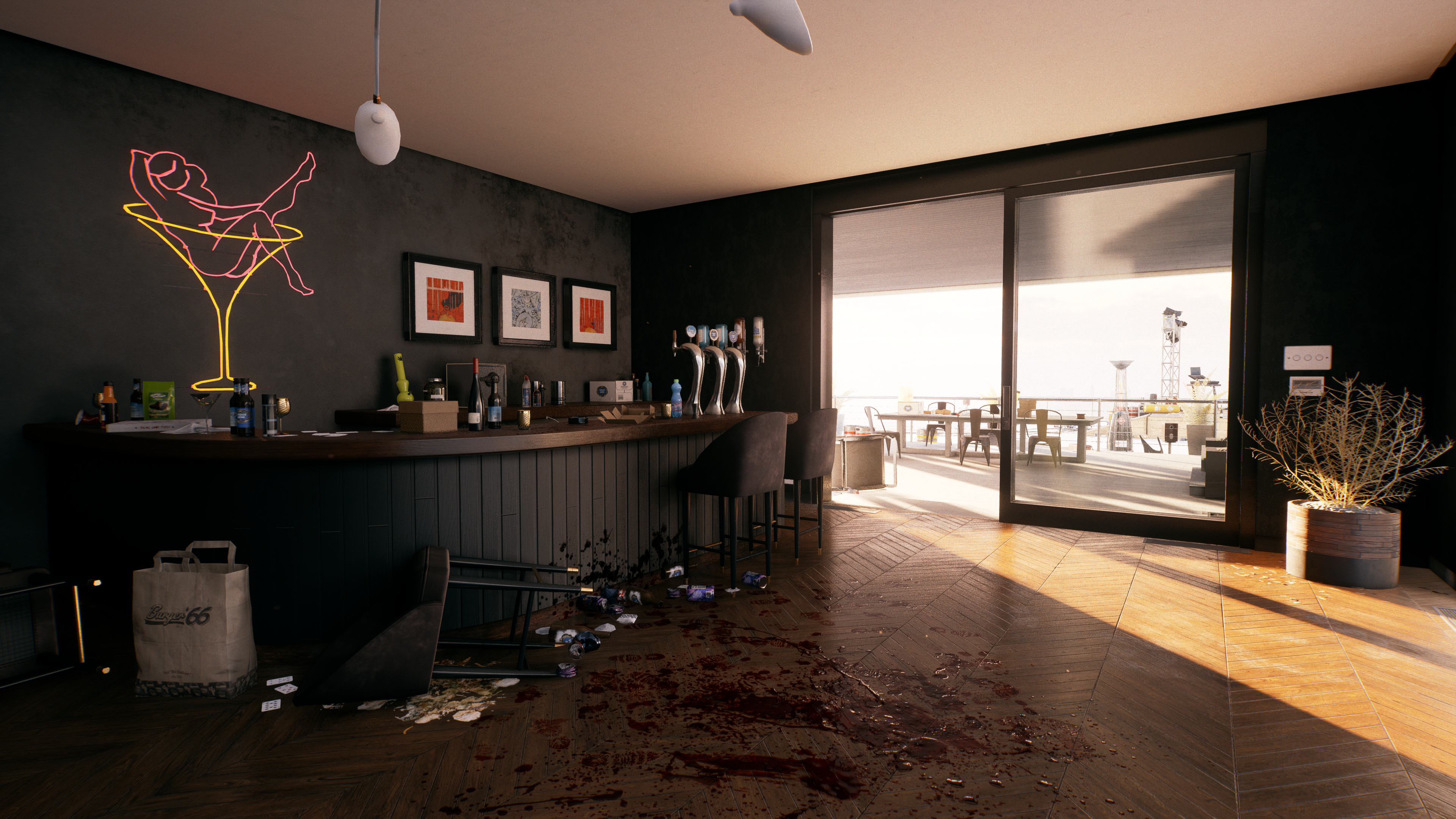 General 3840x2160 Dead Island 2 Nvidia RTX video games CGI interior blood sunlight table chair video game art