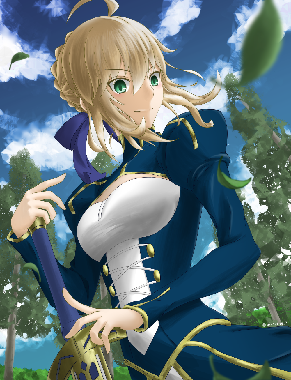 Anime 1000x1305 anime anime girls Fate series Fate/Stay Night Excalibur (Fate series) Saber ahoge blonde solo artwork digital art fan art portrait display looking at viewer smiling sky clouds leaves trees sword weapon
