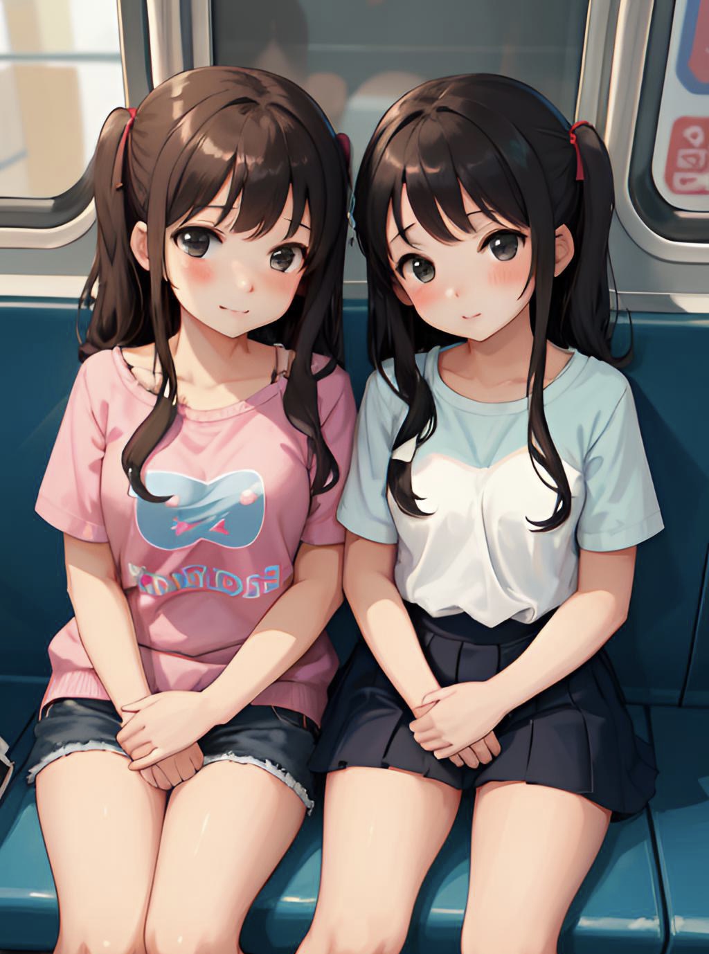 Anime 1024x1378 AI art anime anime girls original characters long hair twintails brunette two women twins artwork digital art sitting looking at viewer smiling blushing children portrait display