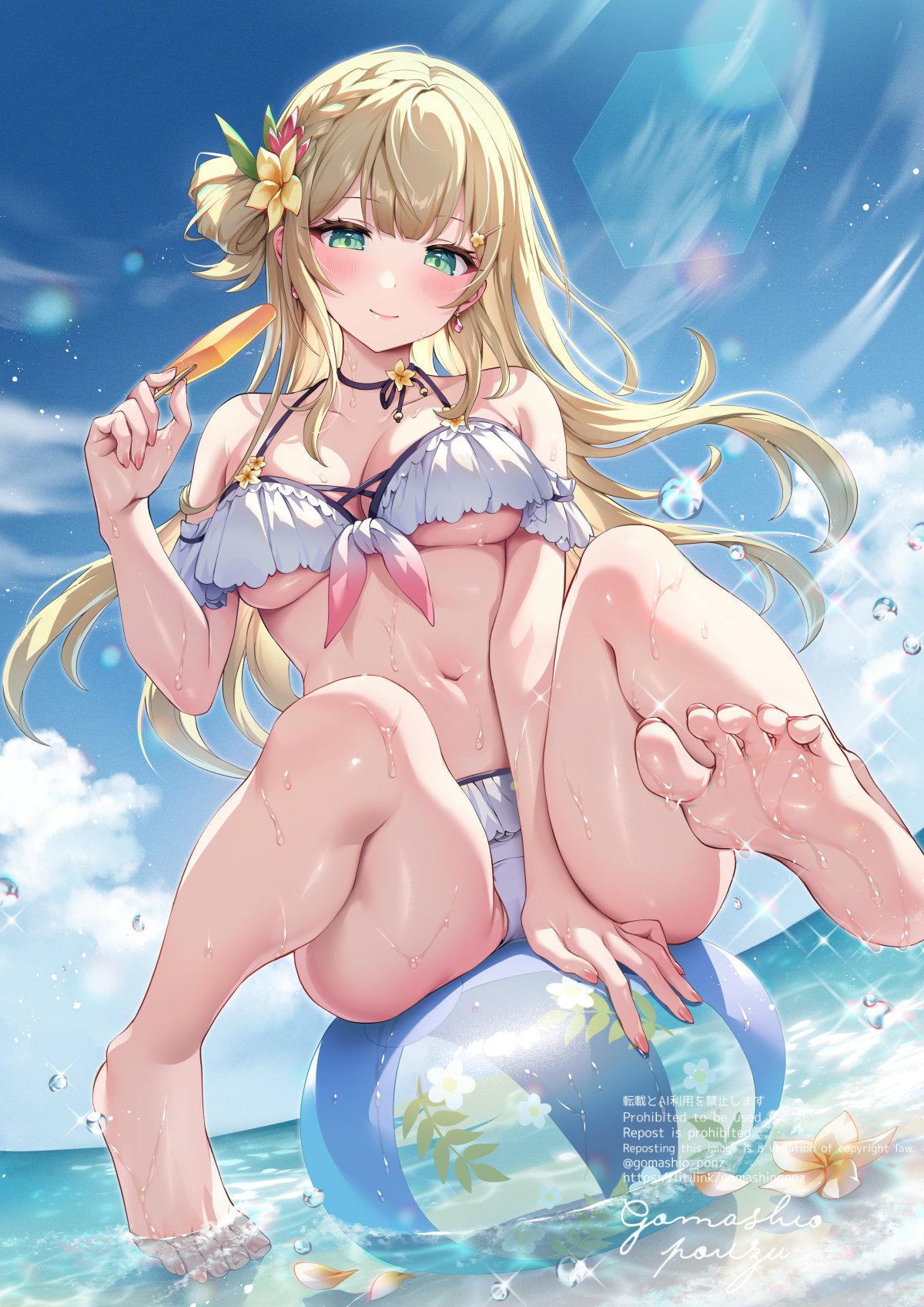 Anime 1200x1697 Gomashio Ponz bikini anime girls portrait display looking at viewer sitting beach ball green eyes blonde hair ornament long hair closed mouth smiling bare shoulders popsicle hairbun toes wet body barefoot foot sole big boobs cleavage underboob flowers Japanese signature water drops horizon belly button thighs flower in hair sunlight hand(s) between legs sky belly ball food wet clouds feet blushing watermarked