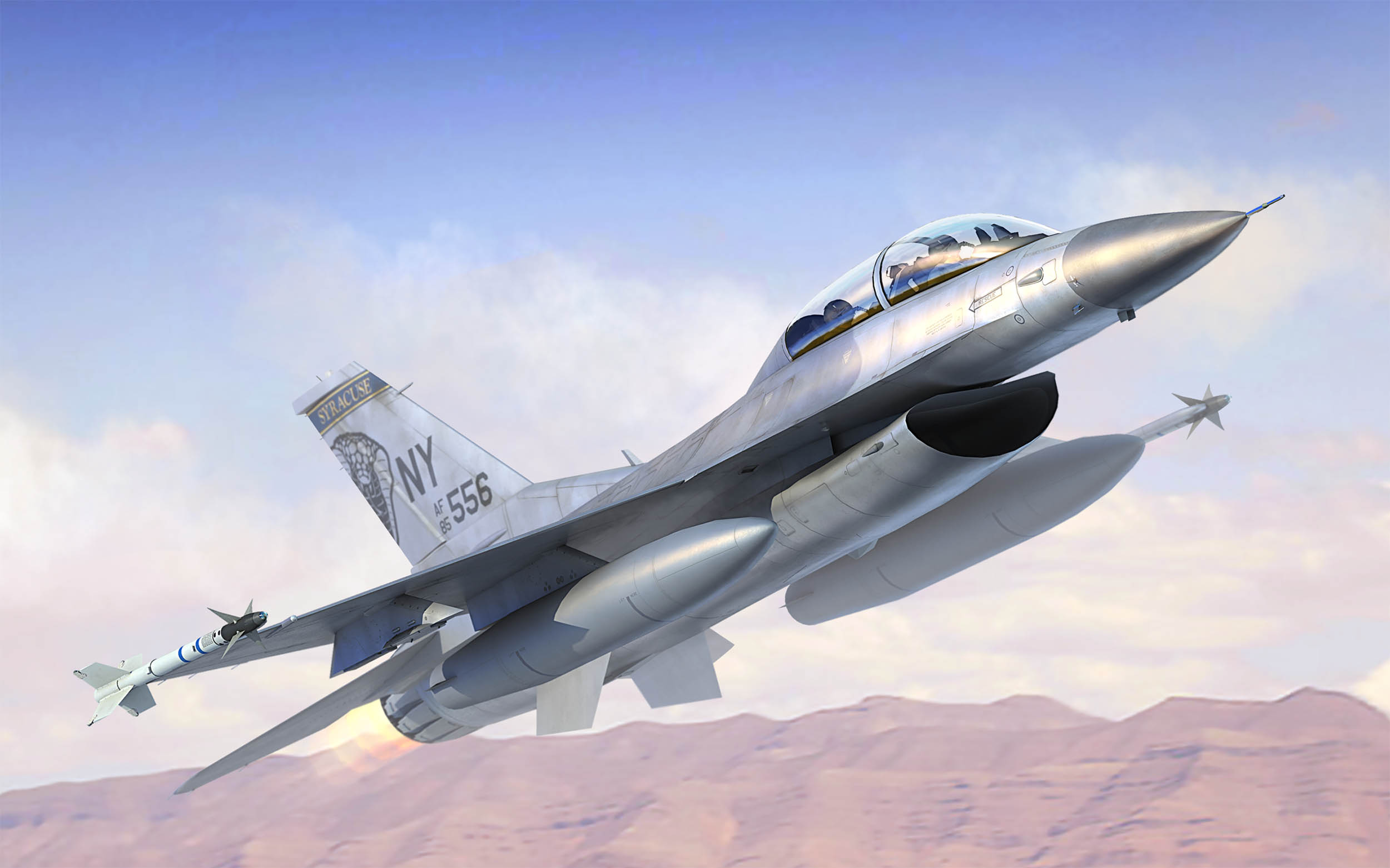 General 2500x1562 aircraft military flying rocket sky artwork military vehicle pilot clouds missiles General Dynamics F-16 Fighting Falcon US Air Force jet fighter New York state propaganda