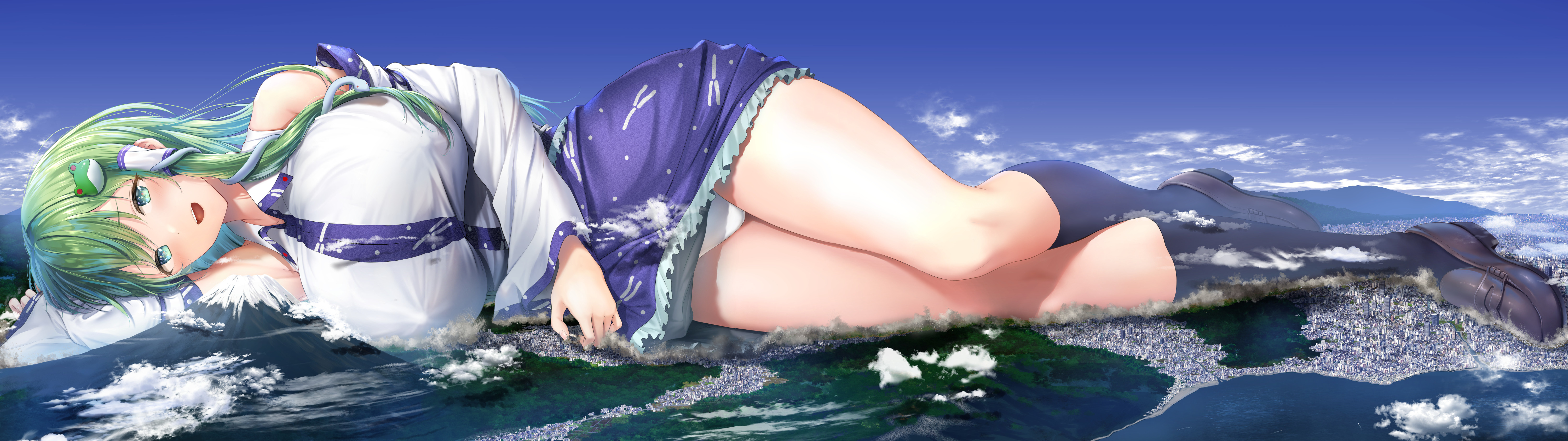 Anime 6000x1687 anime girls Touhou Kochiya Sanae pantsu shot white panties huge breasts lying on side knee-highs panties looking at viewer giantess blue socks green hair open mouth green eyes bare shoulders long hair white underwear smiling women outdoors hair ornament destruction long sleeves lying down blushing mountains sky clouds city thighs shoes loafer