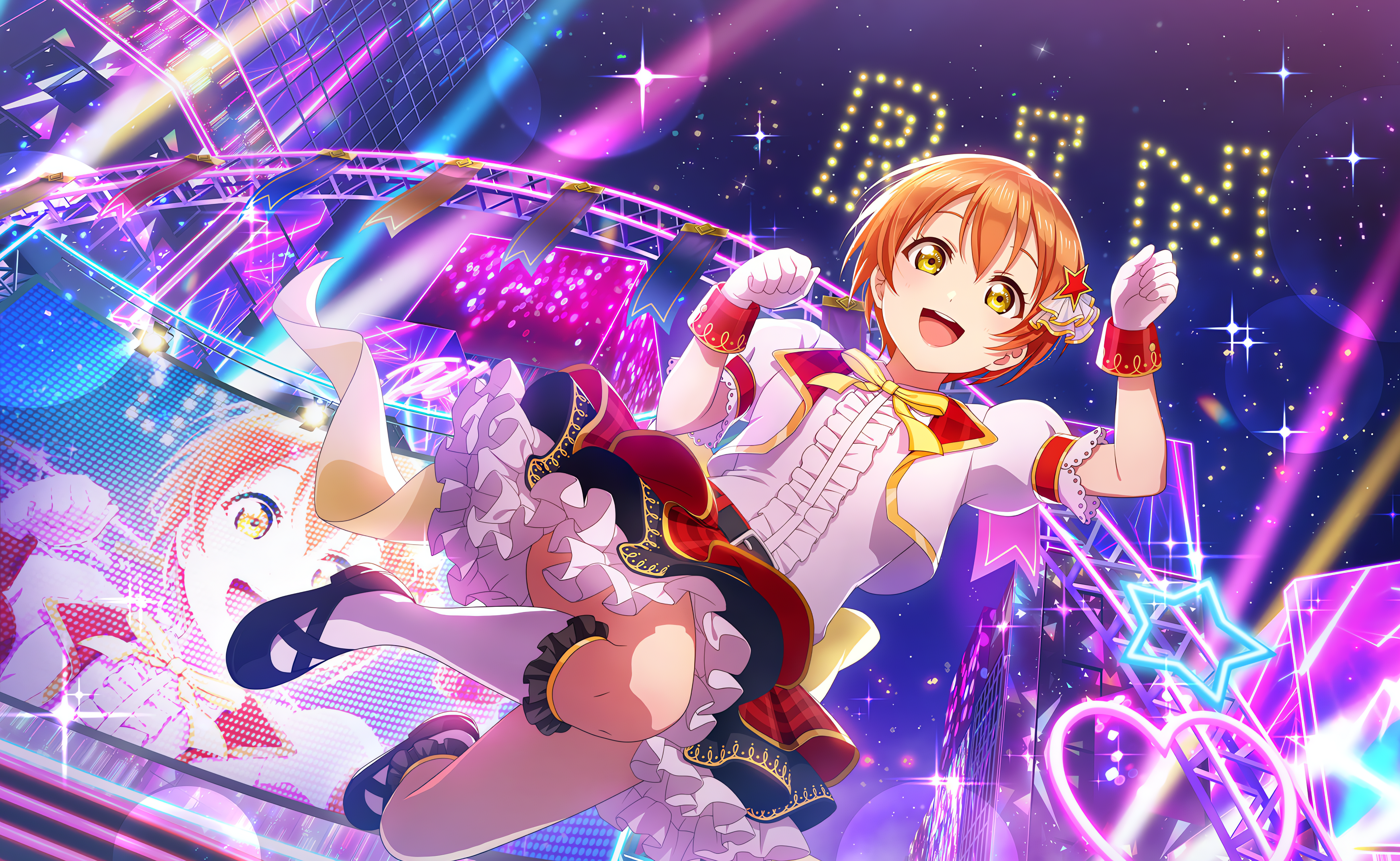 Anime 4096x2520 Hoshizora Rin Love Live! anime anime girls bow tie open mouth gloves uniform looking at viewer stars sky night short hair stages stage light heart (design)