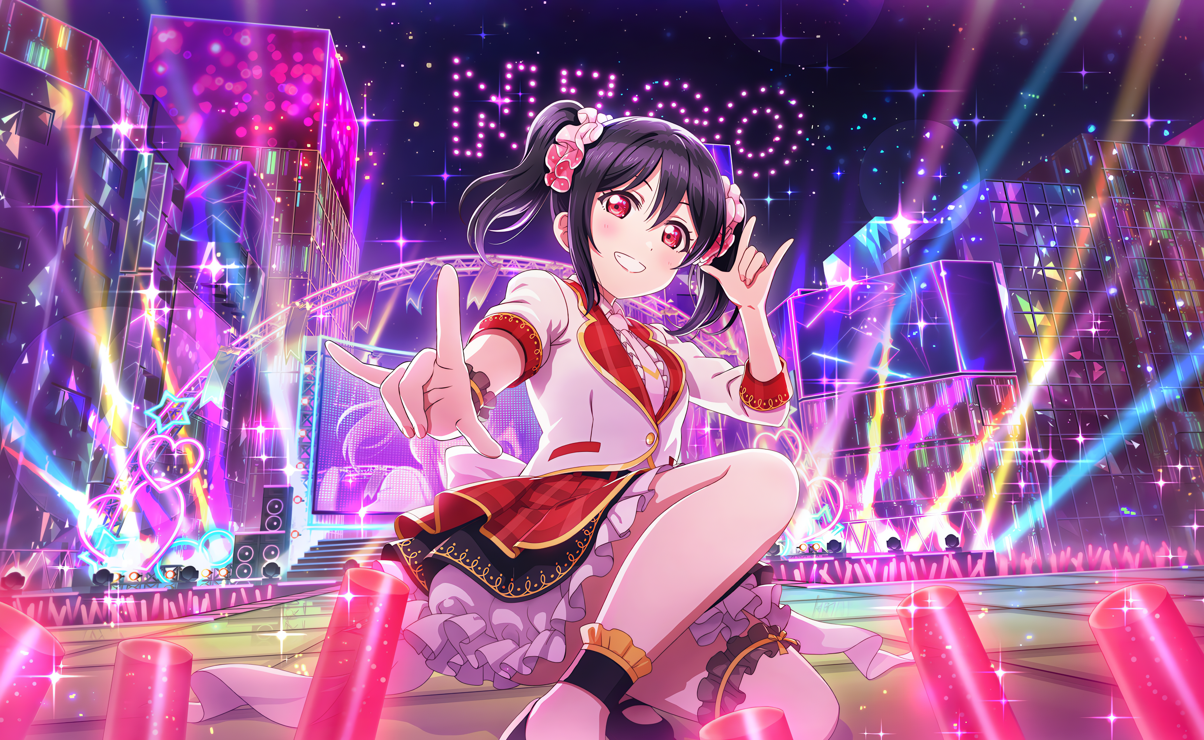 Anime 4096x2520 Yazawa Nico Love Live! anime anime girls stages stage light looking at viewer twintails night stars sky stairs heart (design) dress smiling blushing