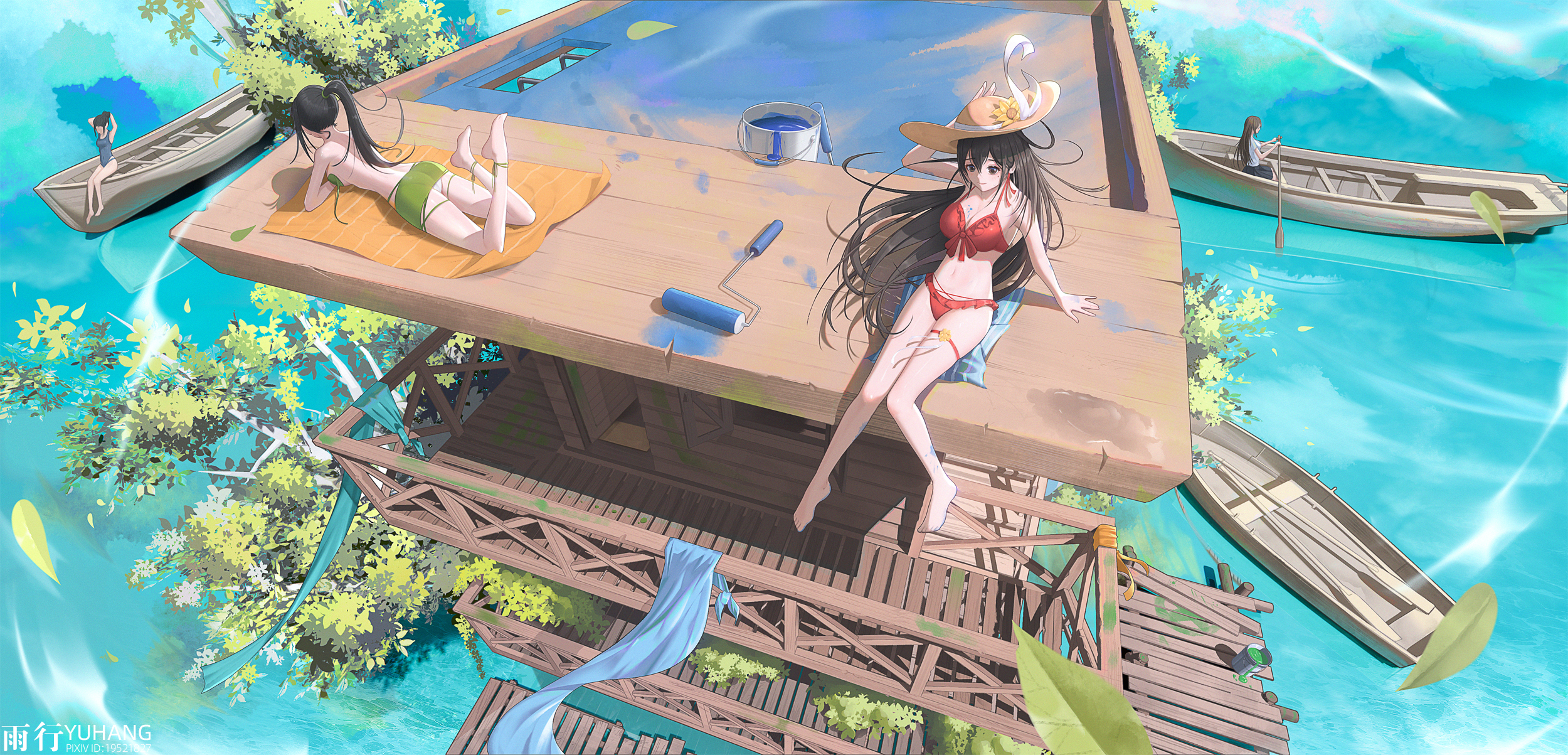 Anime 2500x1203 anime anime girls leaves water boat long hair swimwear bikini hat feet lying down lying on front watermarked sitting paint can paint roller