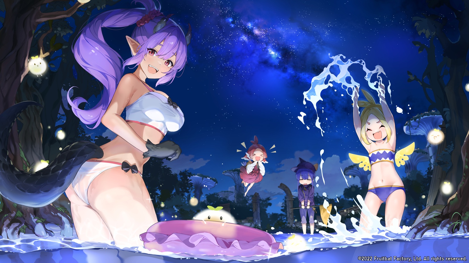 Anime 1600x900 anime anime girls swimwear bikini water standing in water watermarked night sky stars long hair open mouth ponytail looking at viewer closed eyes standing pointy ears demon horns tail floater ass big boobs