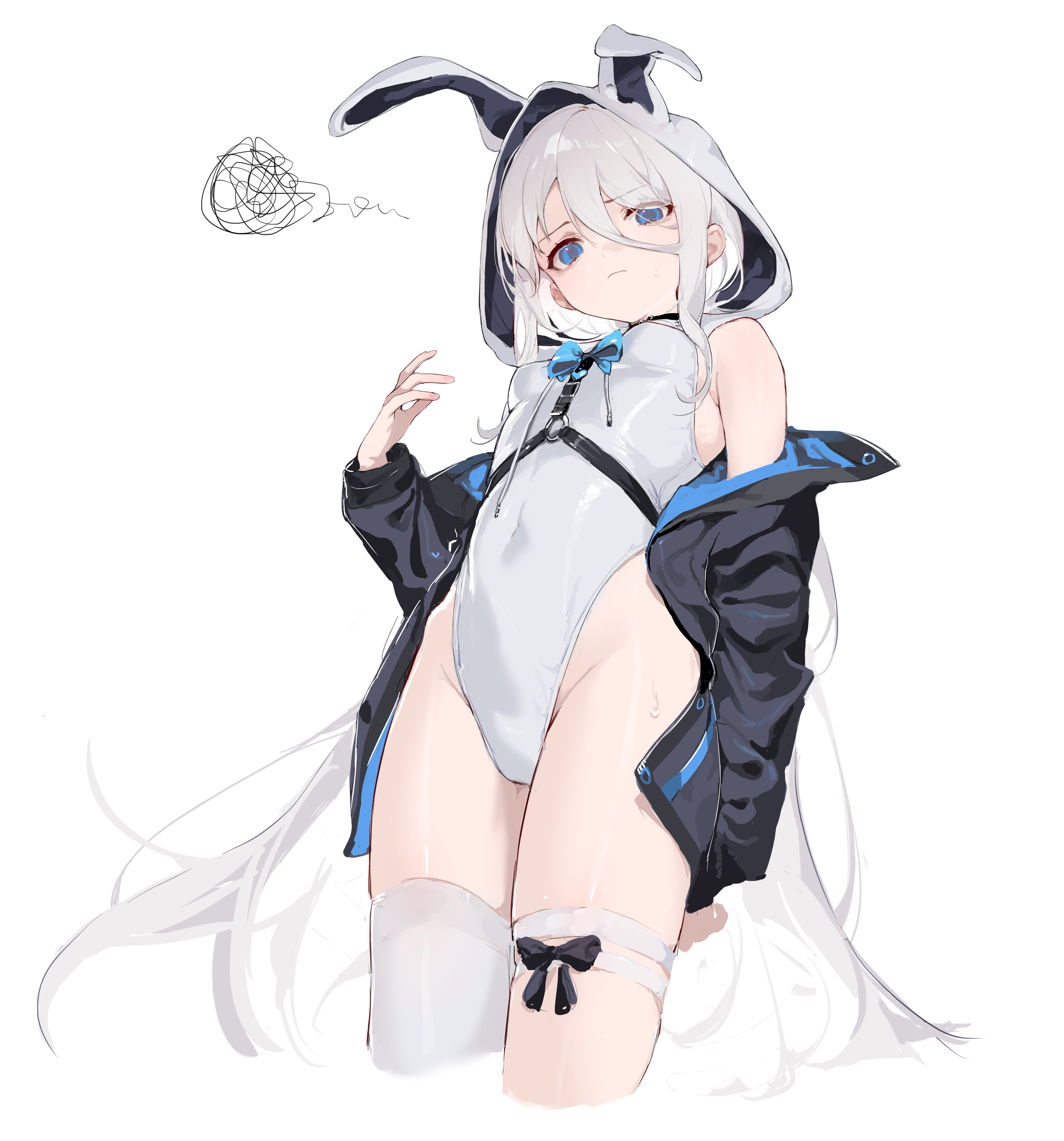 Anime 3819x4096 Lovely Aina-chan white hair bunny ears butterfly knot blue eyes anime girls minimalism simple background white background long hair thighs bow tie small boobs looking at viewer loli