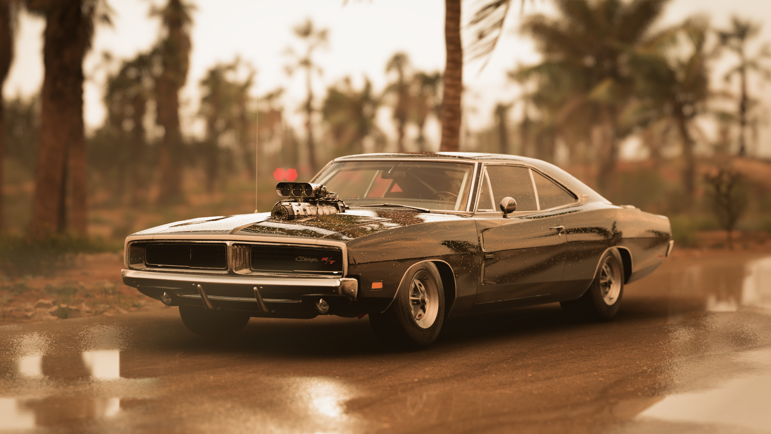 General 2560x1440 Forza Horizon 5 Game CG car Dodge Challenger frontal view video games vehicle trees video game art reflection blurred blurry background