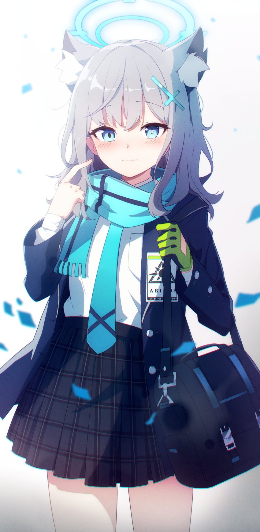 Anime 850x1736 anime anime girls schoolgirl school uniform portrait display wolf girls wolf ears gloves scarf petals blushing