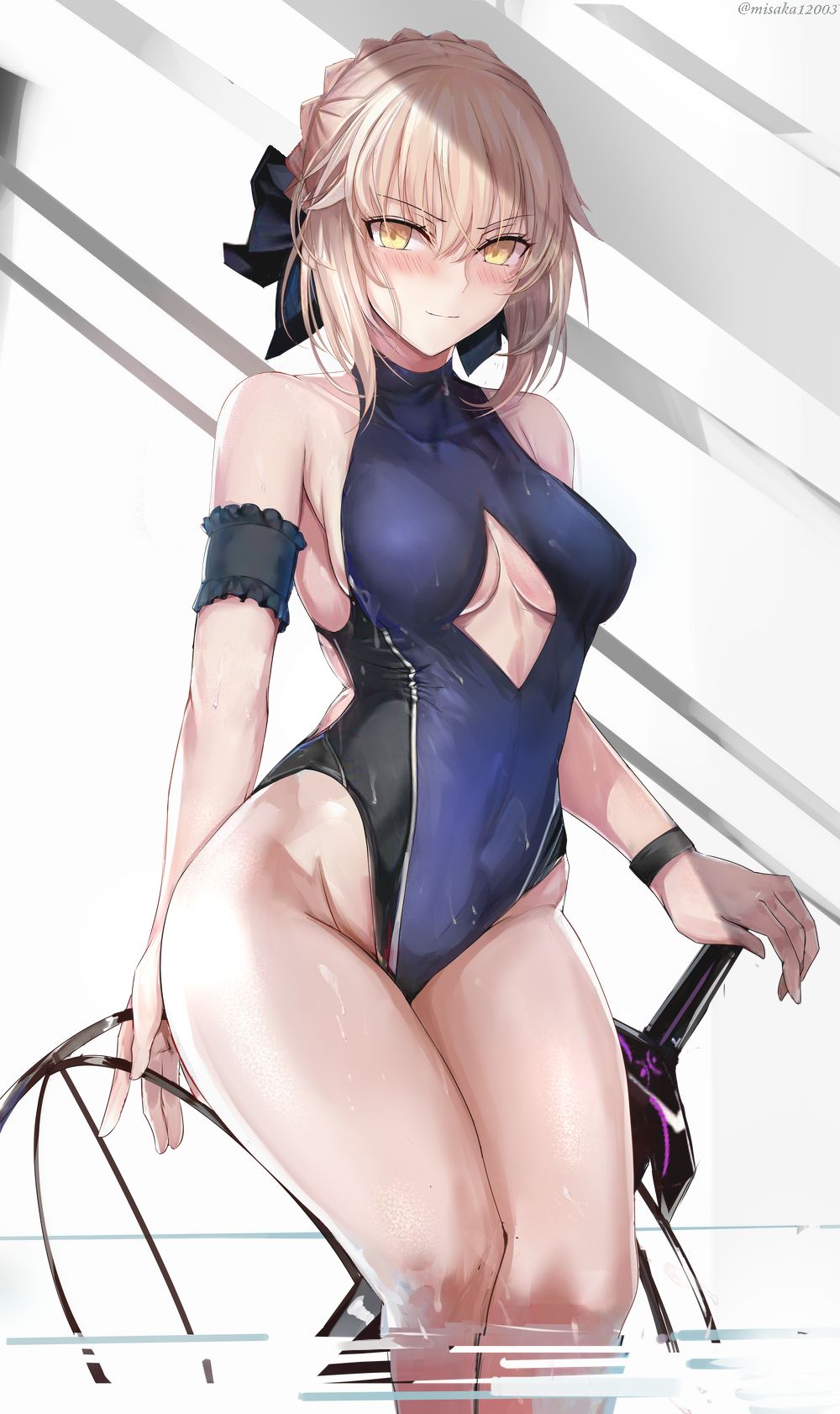 Anime 1000x1683 Fate series Altera (Fate) big boobs Artoria Pendragon (Alter) yellow eyes short hair anime girls artwork blushing standing in water MSK12003 wet one-piece swimsuit swimwear portrait display blonde wet body water cleavage