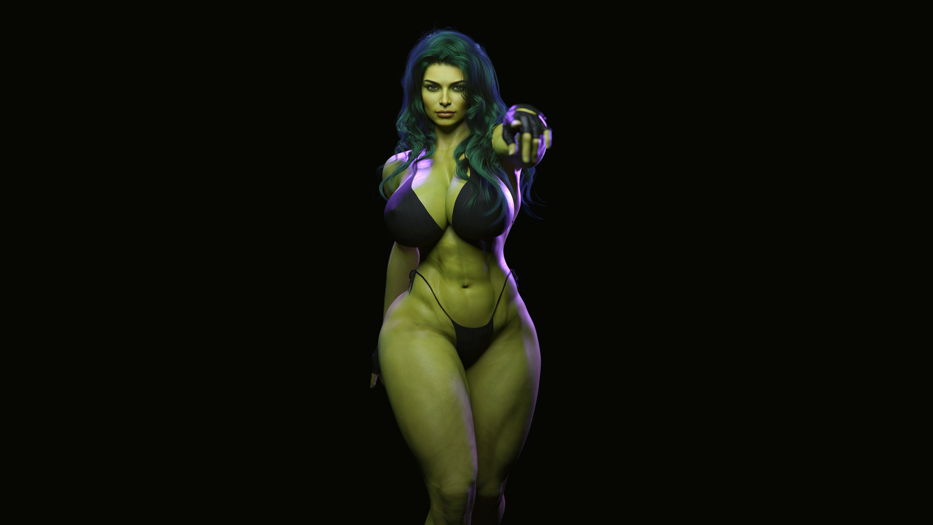 General 1920x1080 SMC-69 She-Hulk athletic female minimalism simple background bikini cleavage big boobs black background Marvel Comics CGI looking at viewer women superheroines belly curvy green skin finger pointing thighs
