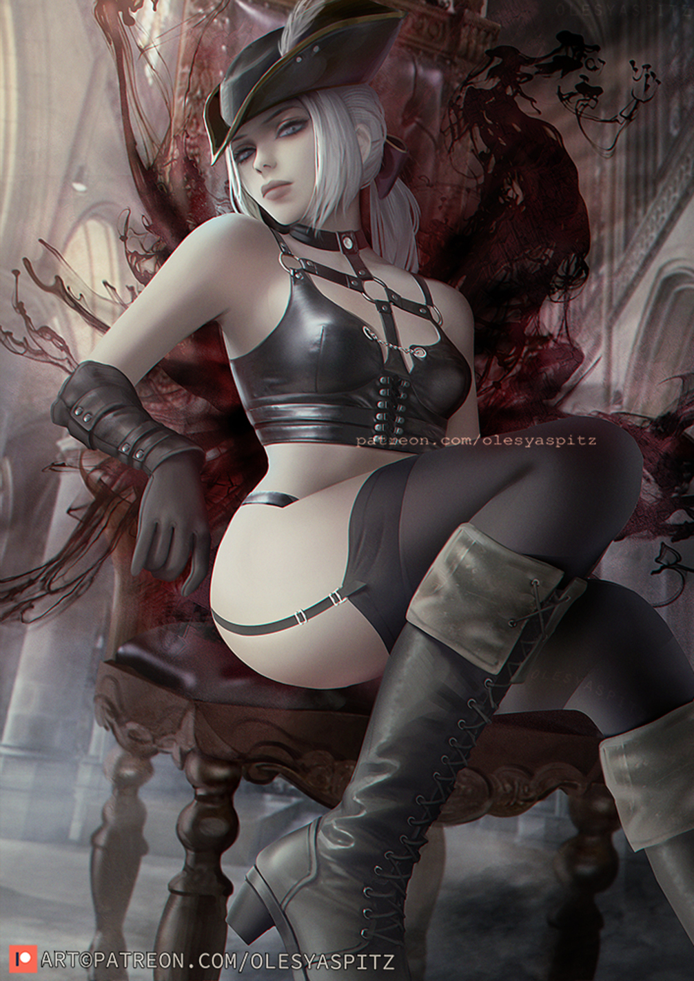 Anime 1007x1424 Lady Maria Bloodborne video game girls leather clothing stockings lingerie white hair gray eyes hat looking at viewer sitting portrait display garter straps