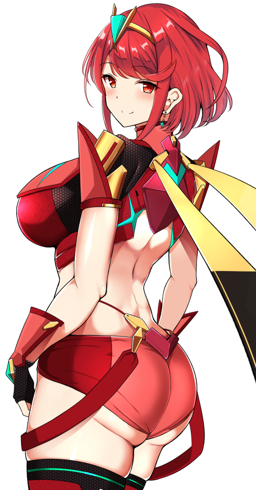 Anime 984x1880 Homura (Xenoblade 2) Xenoblade Chronicles redhead anime girls video game girls ass big boobs red eyes looking at viewer white background shorts portrait display smiling