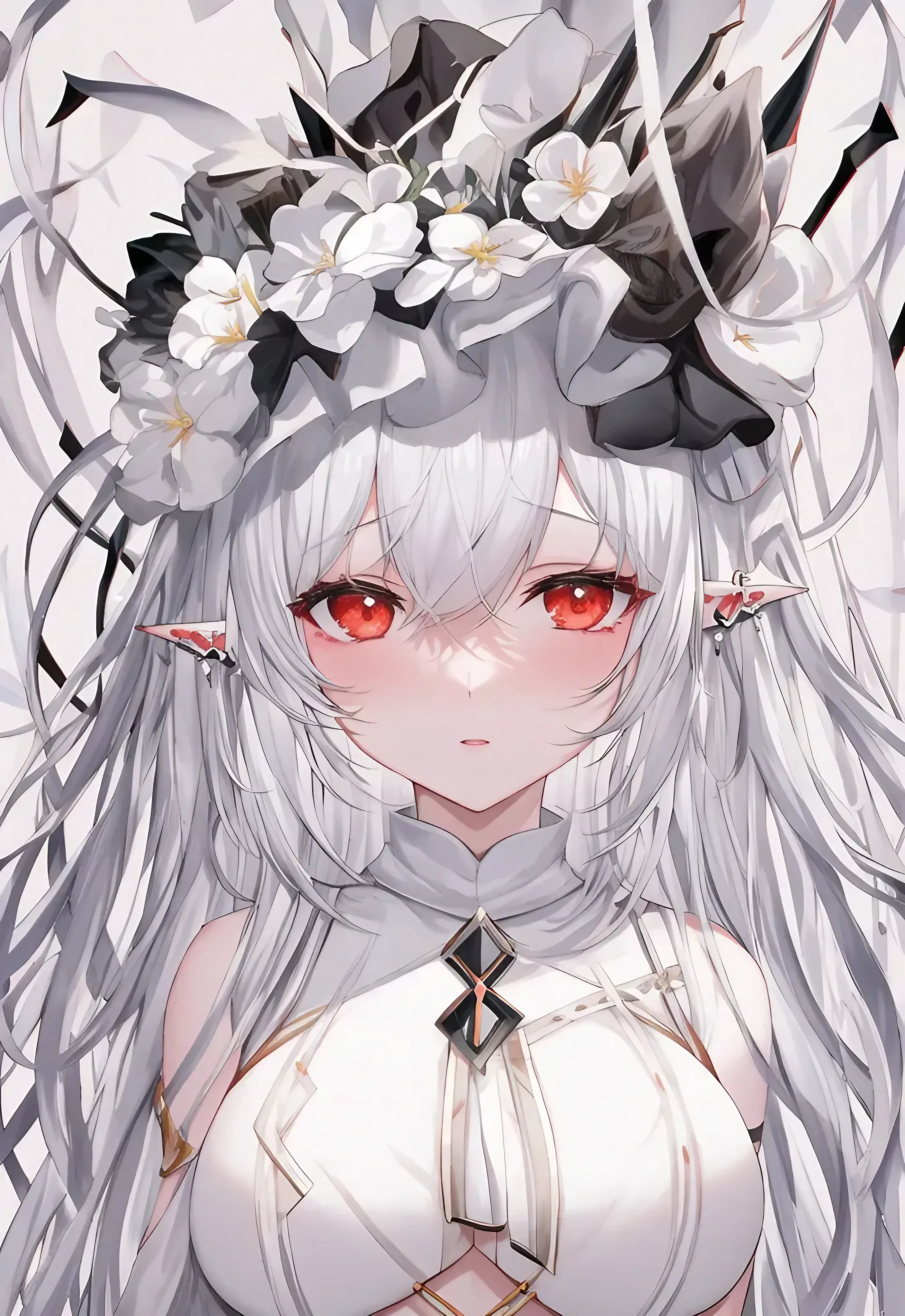 Anime 2816x4096 Arknights anime anime girls red eyes white hair portrait display pointy ears flowers