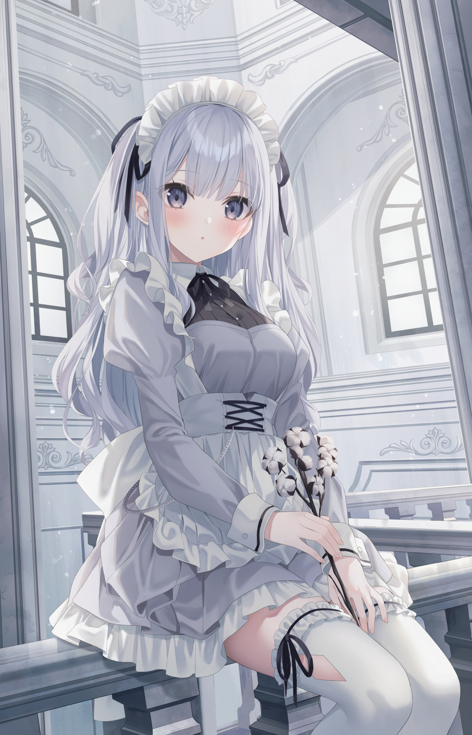 Anime 1616x2516 anime anime girls portrait display stockings maid maid outfit flowers blushing looking at viewer