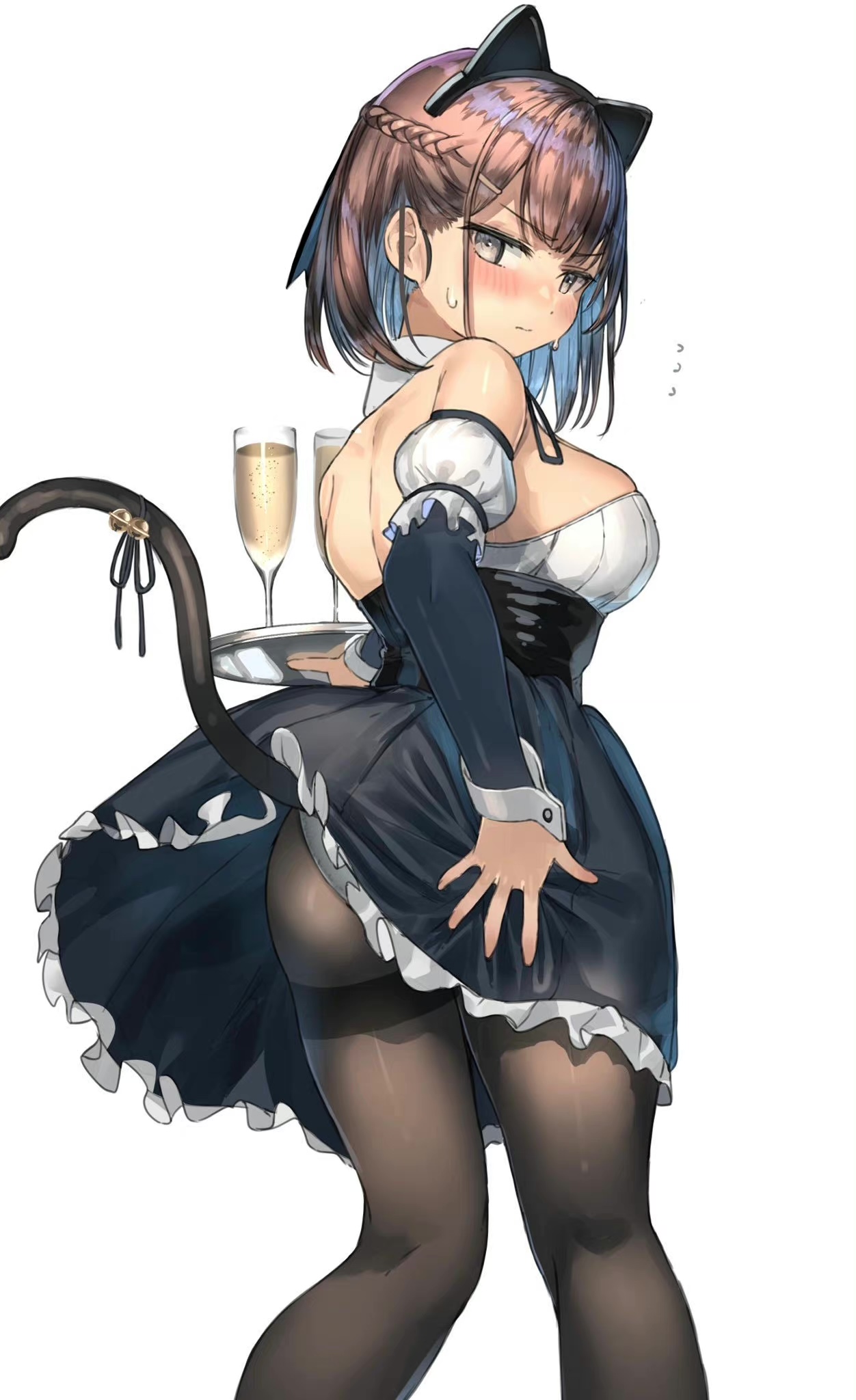 Anime 1252x2048 anime girls cat girl maid outfit upskirt pantyhose artwork Ranf portrait display maid blushing champagne braids cat tail cat ears big boobs