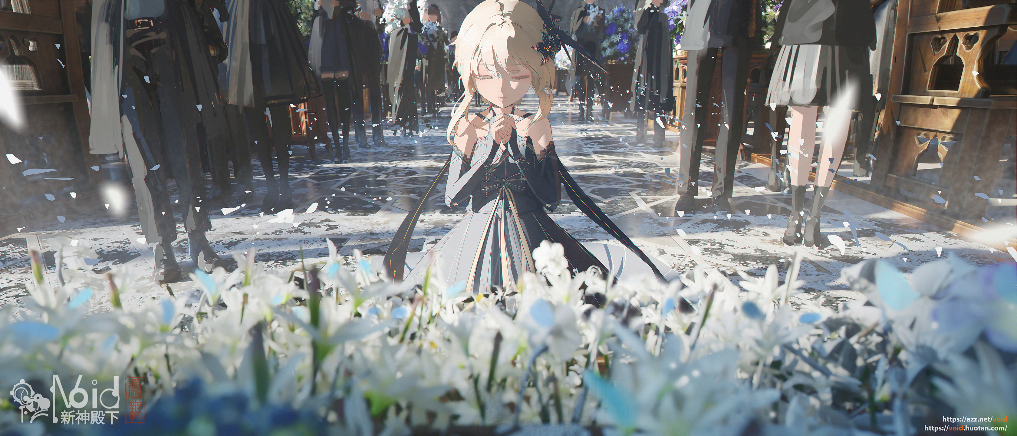 Anime 3360x1440 void_0 anime anime girls Genshin Impact Lumine (Genshin Impact) flowers praying closed eyes blonde