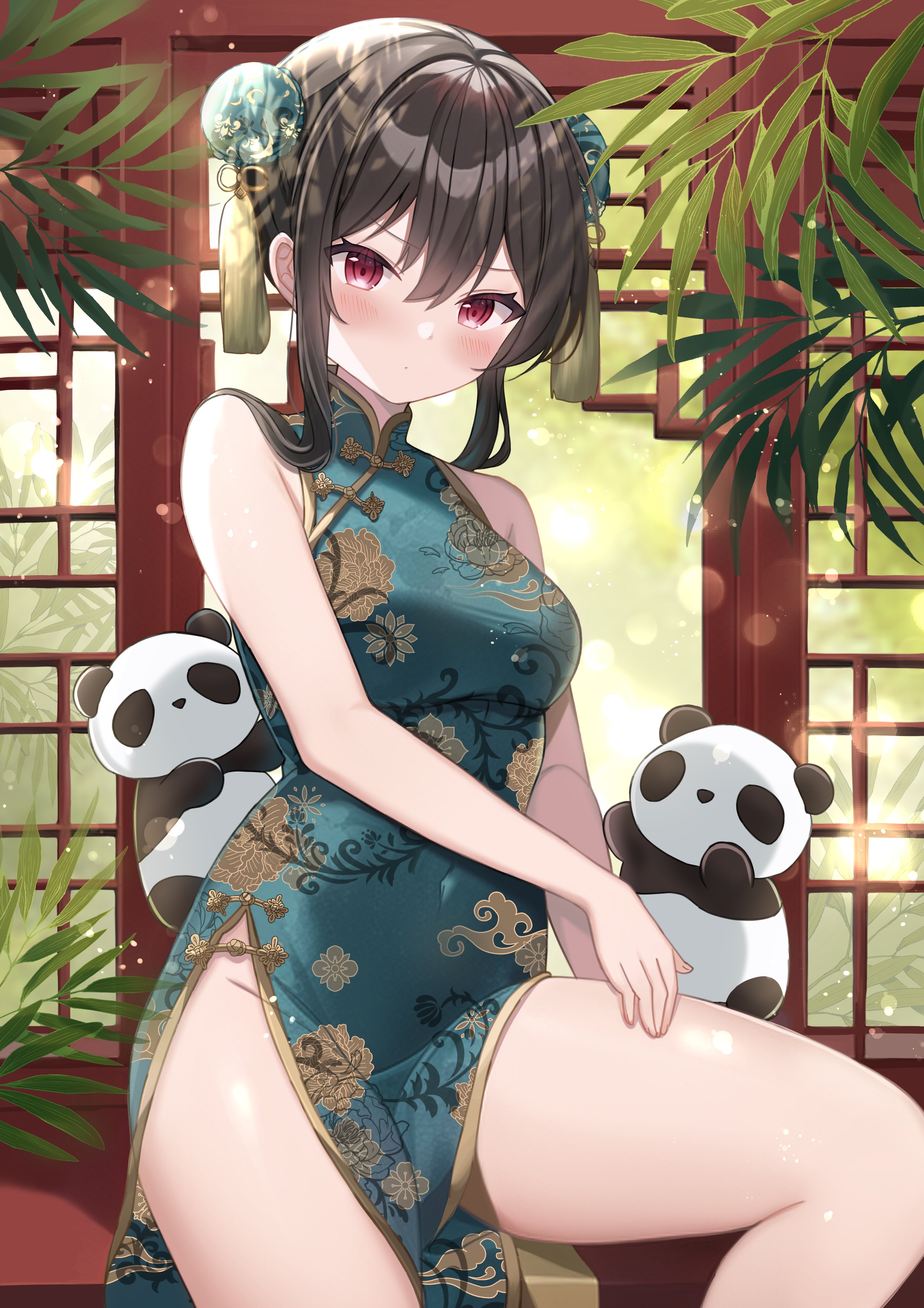Anime 2894x4093 anime anime girls portrait display Chinese dress panda blushing leaves thighs