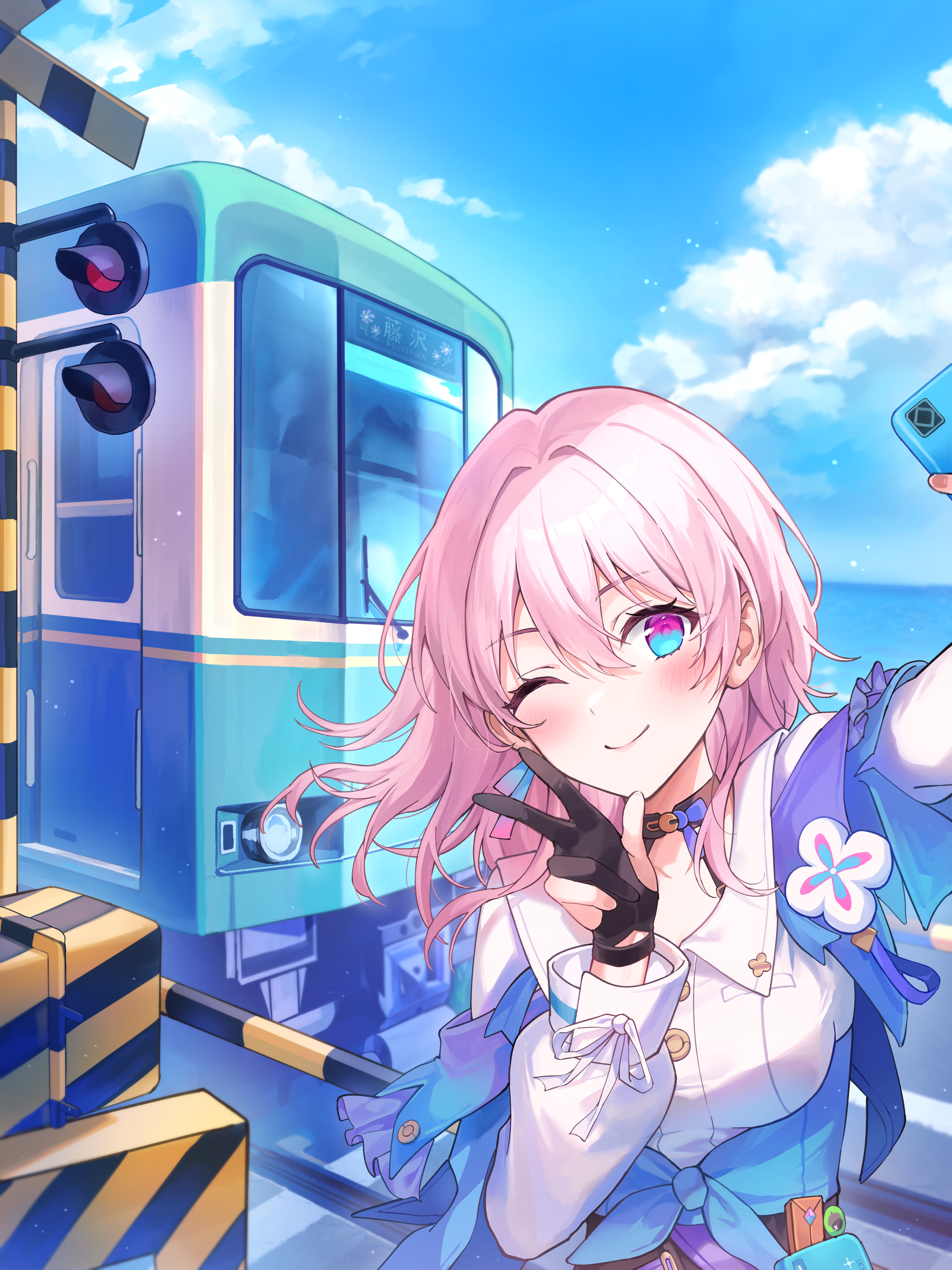 Anime 3600x4800 anime girls pink hair anime portrait display smiling peace sign selfies blushing looking at viewer one eye closed clouds phone train March 7th (Honkai: Star Rail) Honkai: Star Rail