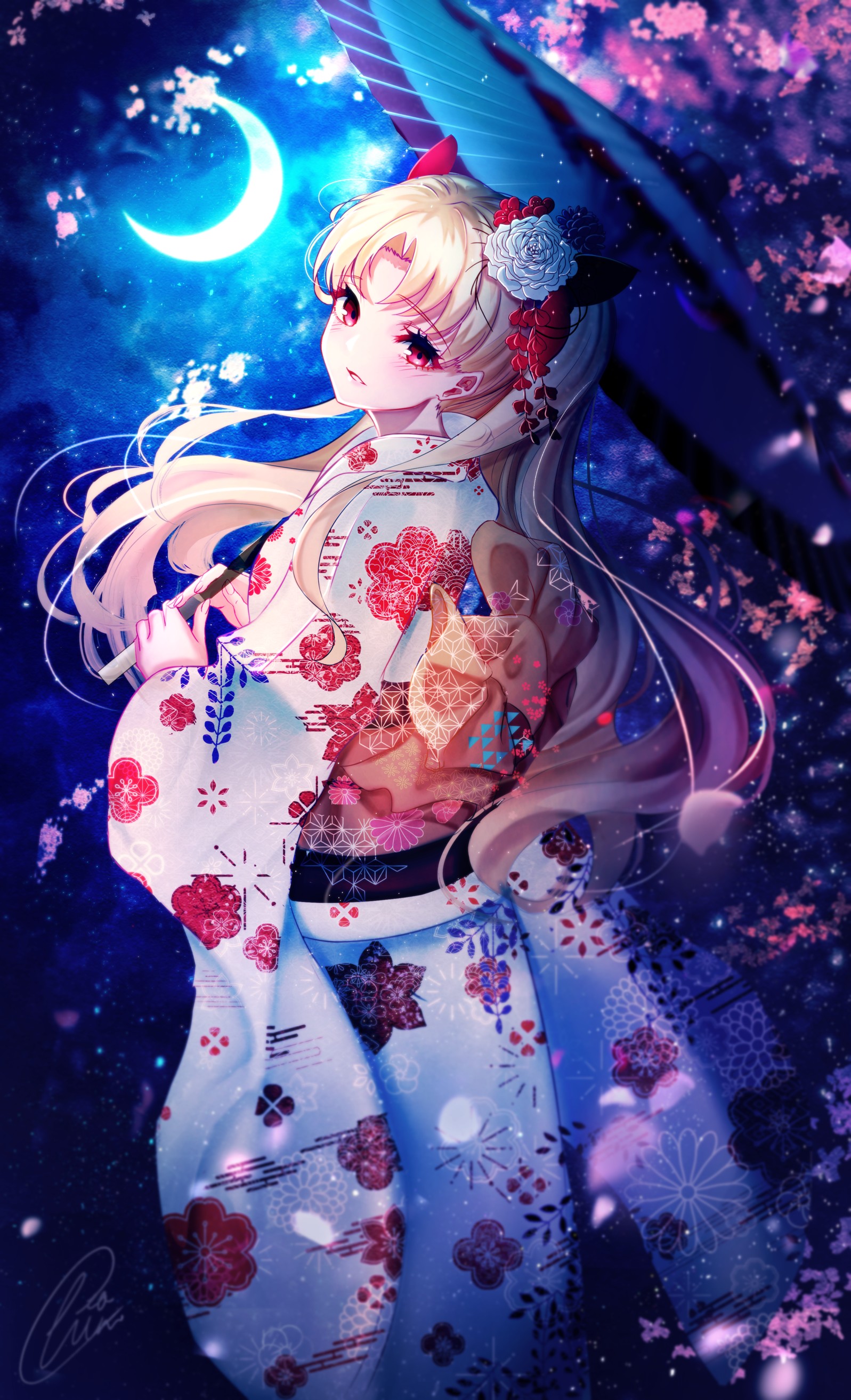 Anime 1597x2626 ChiaChun portrait display anime girls anime Fate/Grand Order kimono Fate series looking back Ereshkigal (Fate/Grand Order) long hair blonde hair ornament Moon crescent moon rose flower in hair smiling looking at viewer umbrella cherry blossom red eyes blushing petals Japanese clothes