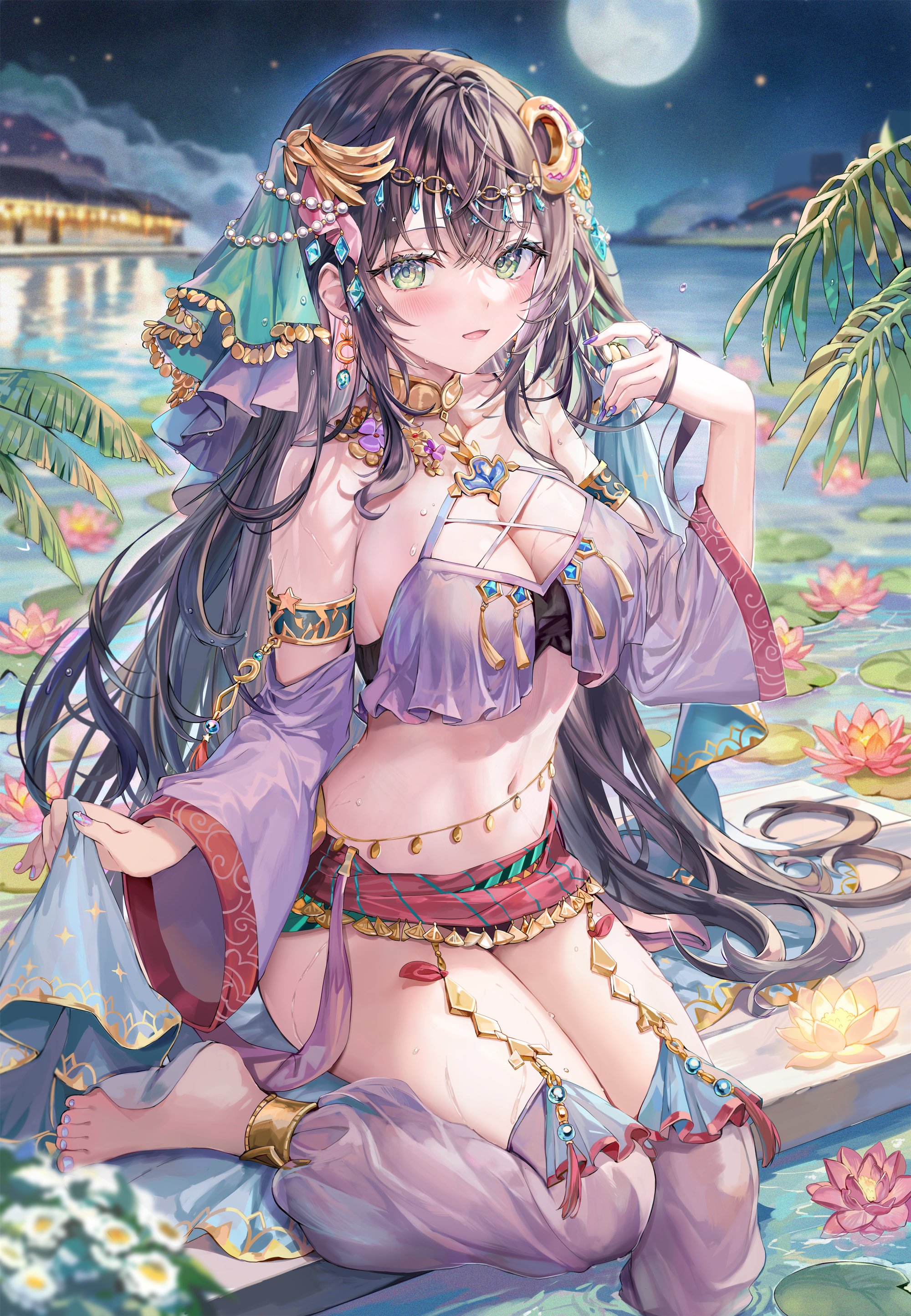 Anime 2000x2889 Momoko portrait display Moon looking at viewer long hair purple hair blushing green eyes hair ornament water wet wet body cleavage flowers anime girls water lilies sitting thigh-highs boobs detached sleeves night jewelry lotus flowers bare midriff smiling barefoot bare shoulders skimpy clothes