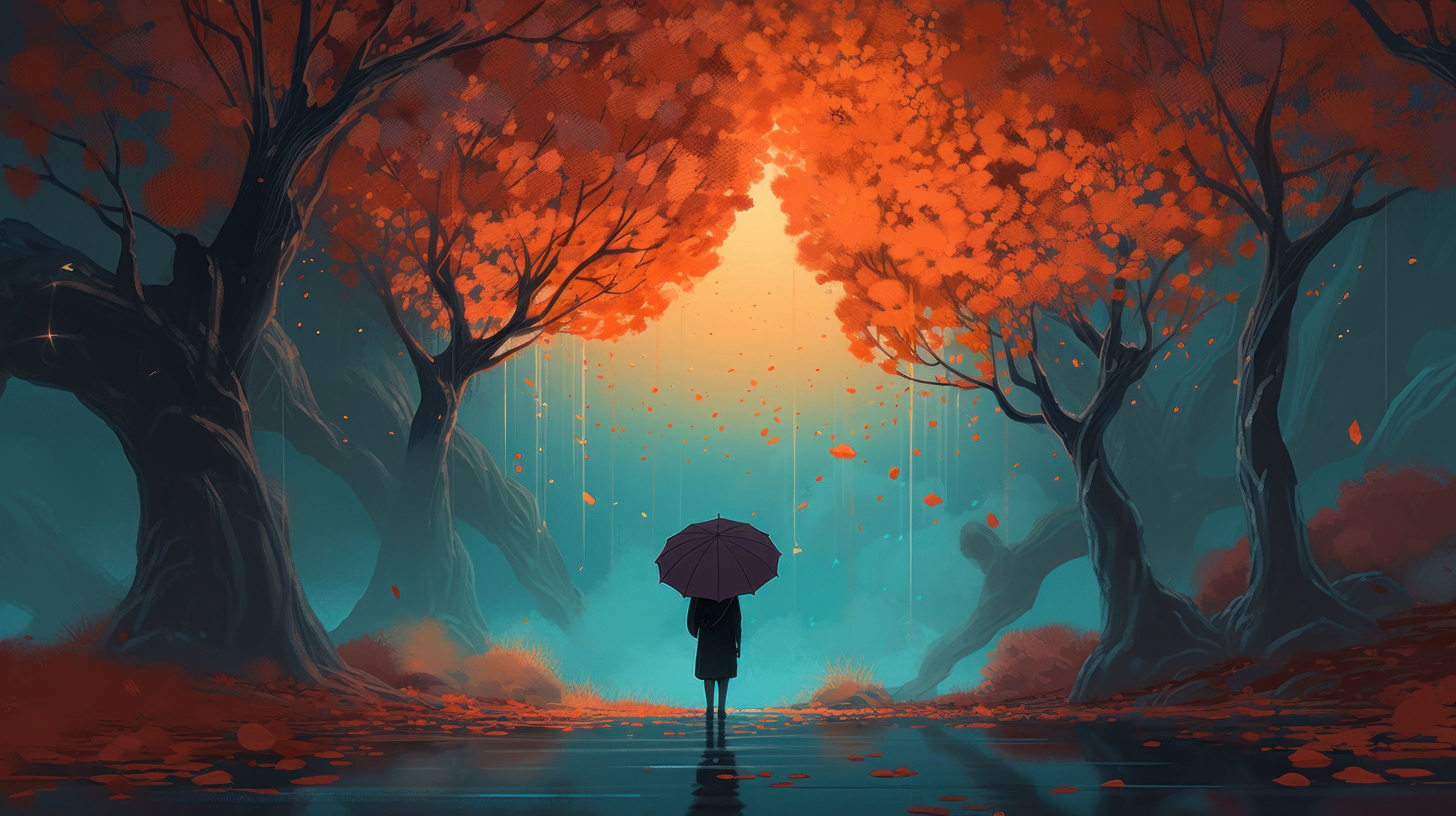 General 2912x1632 AI art illustration orange trees umbrella walking leaves reflection
