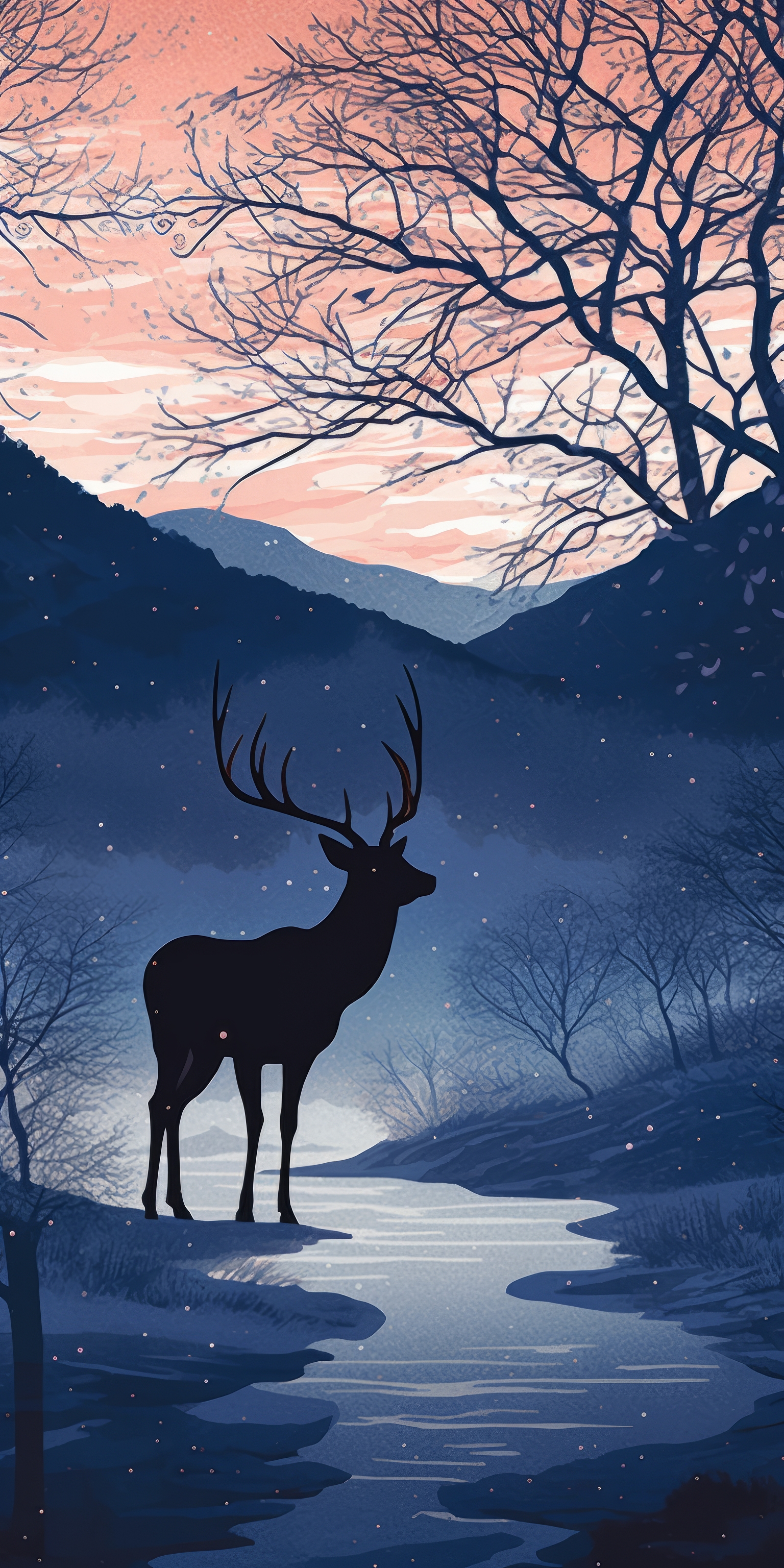 General 1536x3072 AI art portrait display illustration deer snow trees mountains silhouette