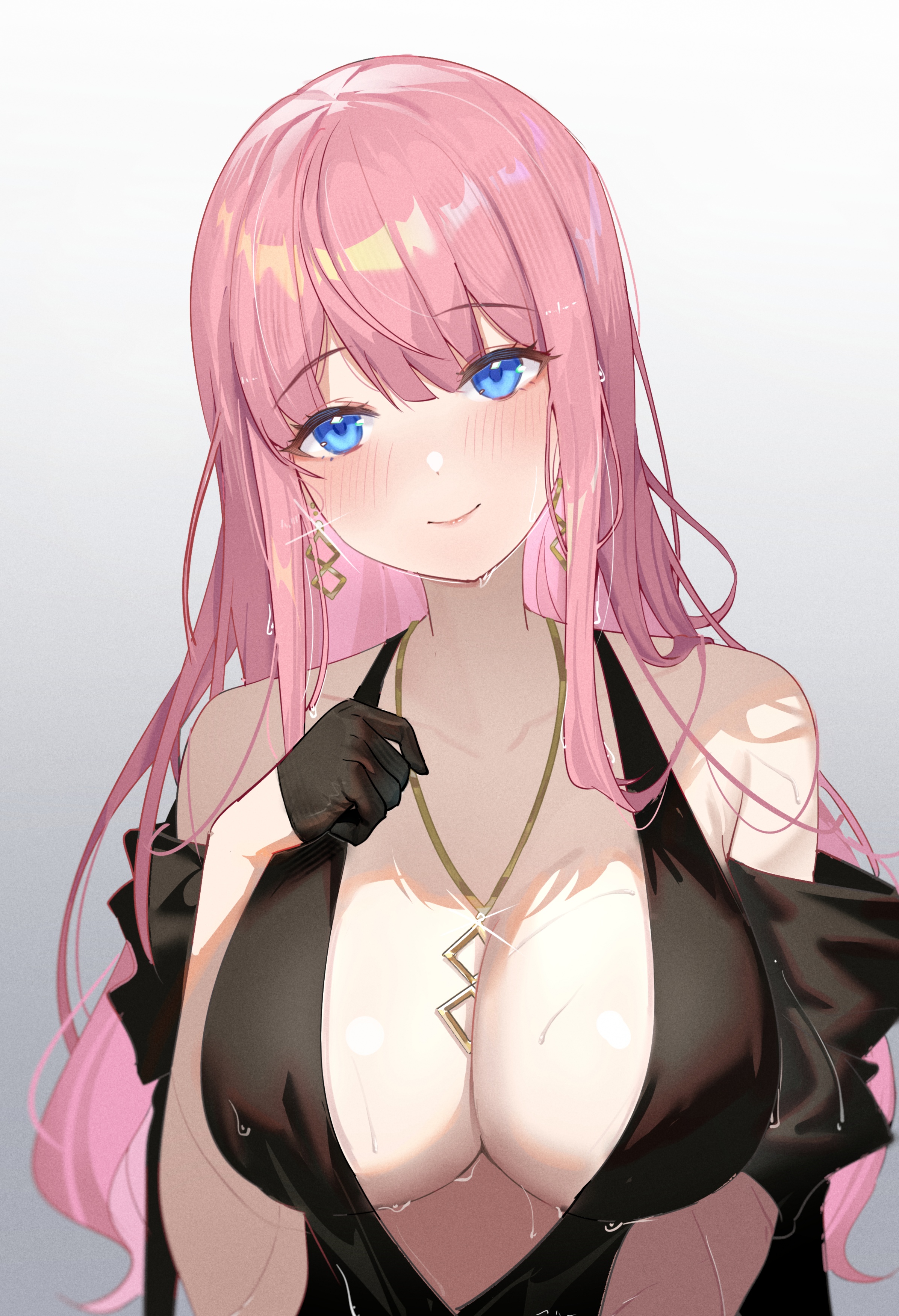 Anime 2392x3503 anime anime girls cleavage boobs necklace between boobs pink hair blue eyes earring portrait display gloves necklace smiling blushing long hair looking at viewer simple background minimalism wet wet body dress