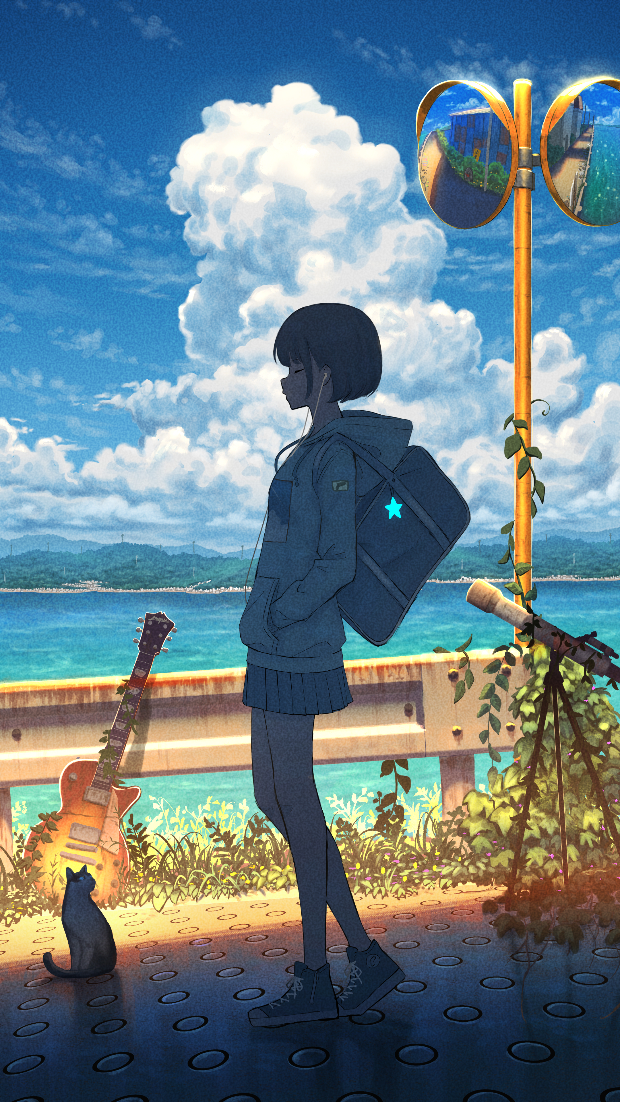 Anime 2160x3840 anime anime girls profile portrait display water cats sky walking clouds white hoodie hoods guitar telescope musical instrument grass earphones closed eyes backpacks cumulus animals hands in pockets skirt short hair