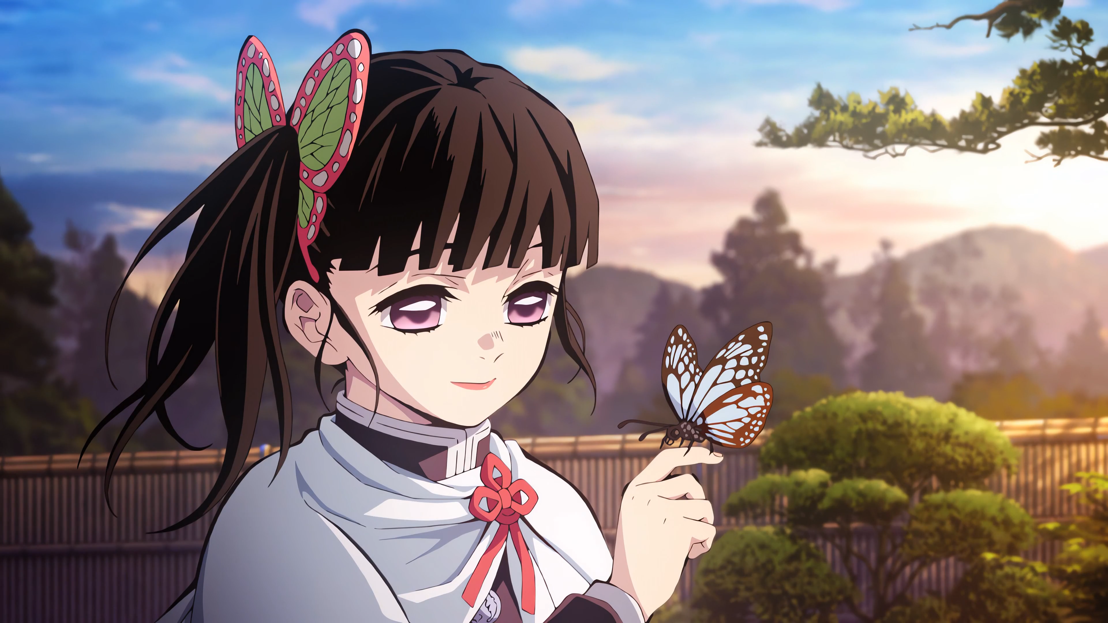 Anime 3840x2160 Kimetsu no Yaiba Tsuyuri Kanawo anime insect animals brunette anime girls garden women outdoors long hair butterfly Anime screenshot